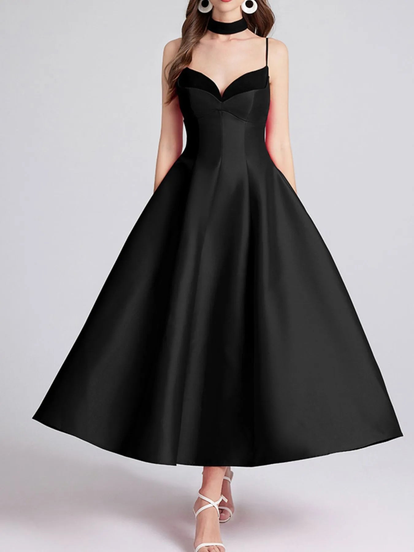 Sweetheart Spaghetti Strap Midi Dress with Collar - MAD RUFFI