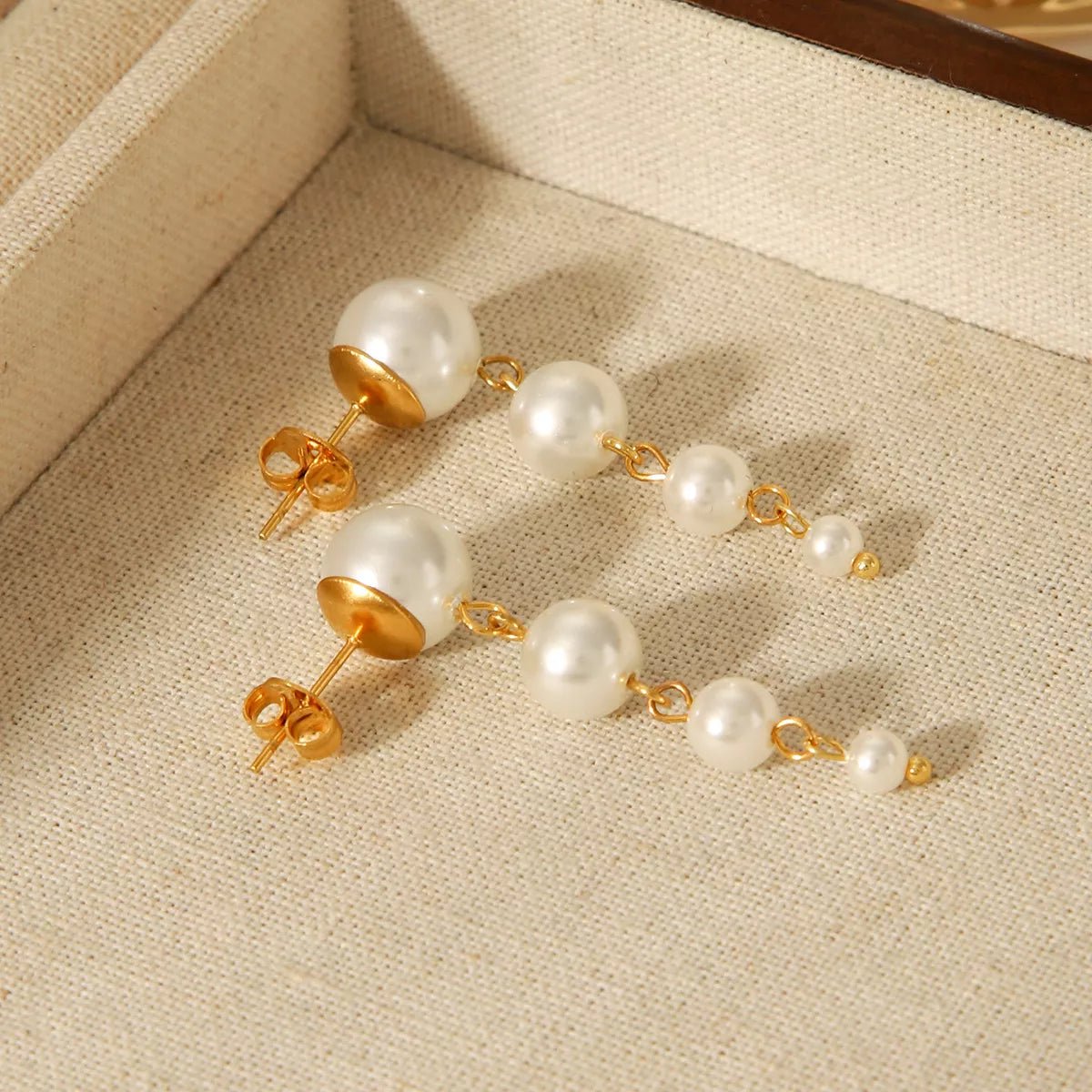 Synthetic Pearl Drop Chain Earrings with Gold Accents - MAD RUFFI