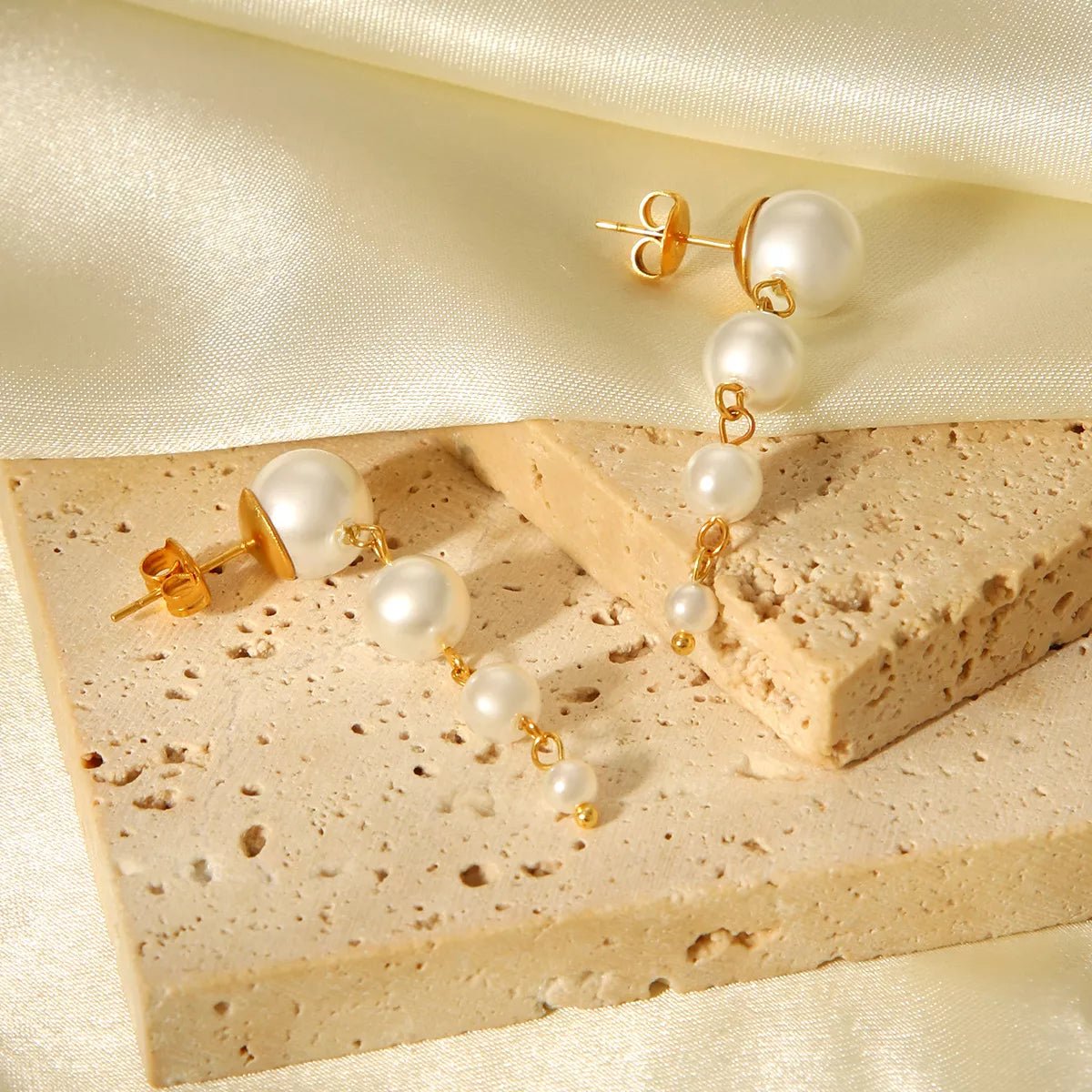 Synthetic Pearl Drop Chain Earrings with Gold Accents - MAD RUFFI