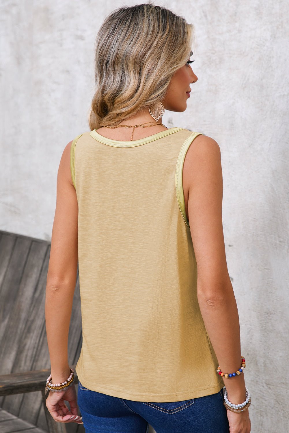 Tan Contrast Trim Round Neck Tank Top - MAD RUFFI