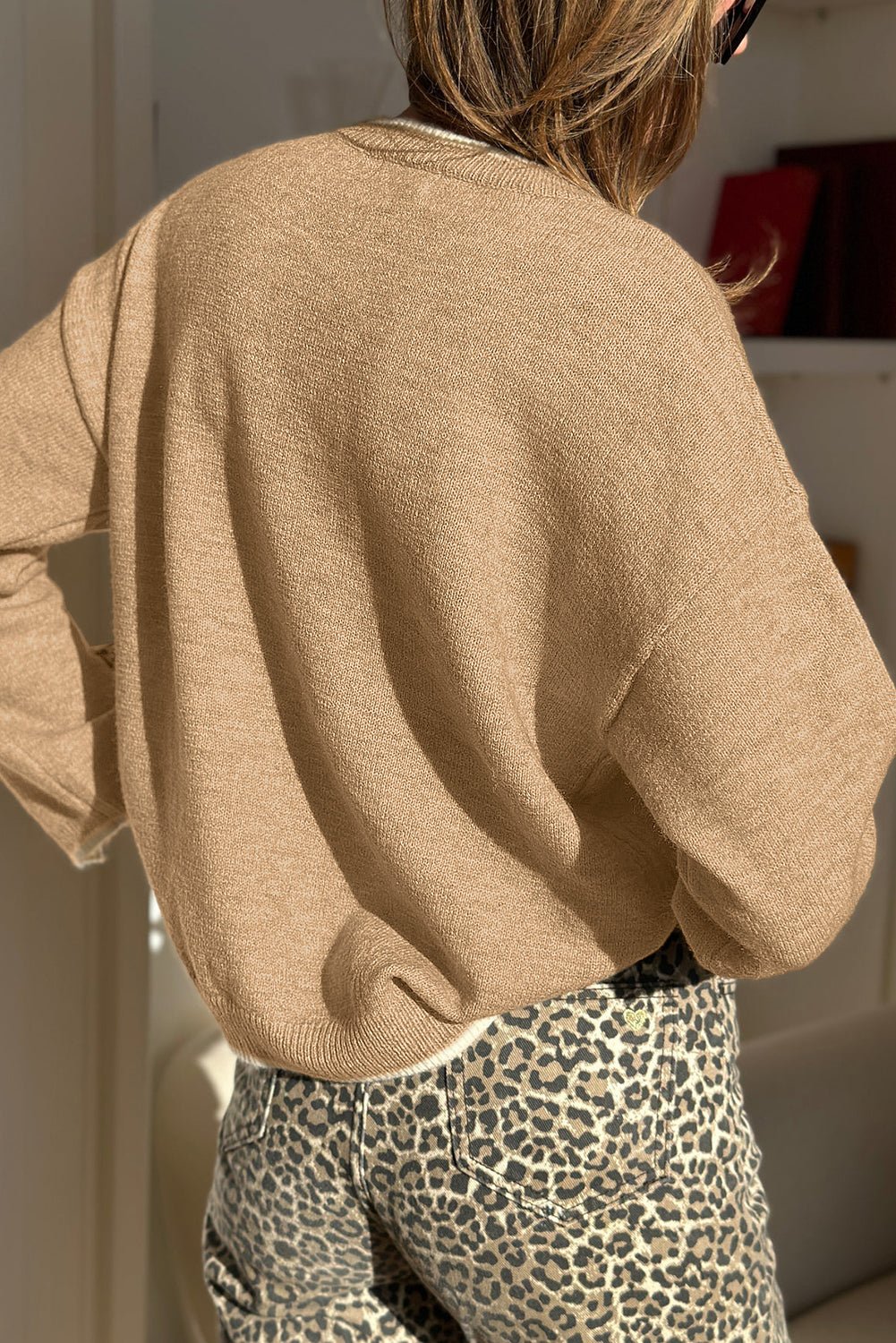 Tan Leopard Bow Decor Split Cuffs Contrast Trim Sweater - MAD RUFFI
