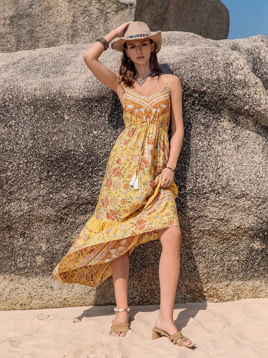 Tassel Printed Tiered Cami Dress - MAD RUFFI