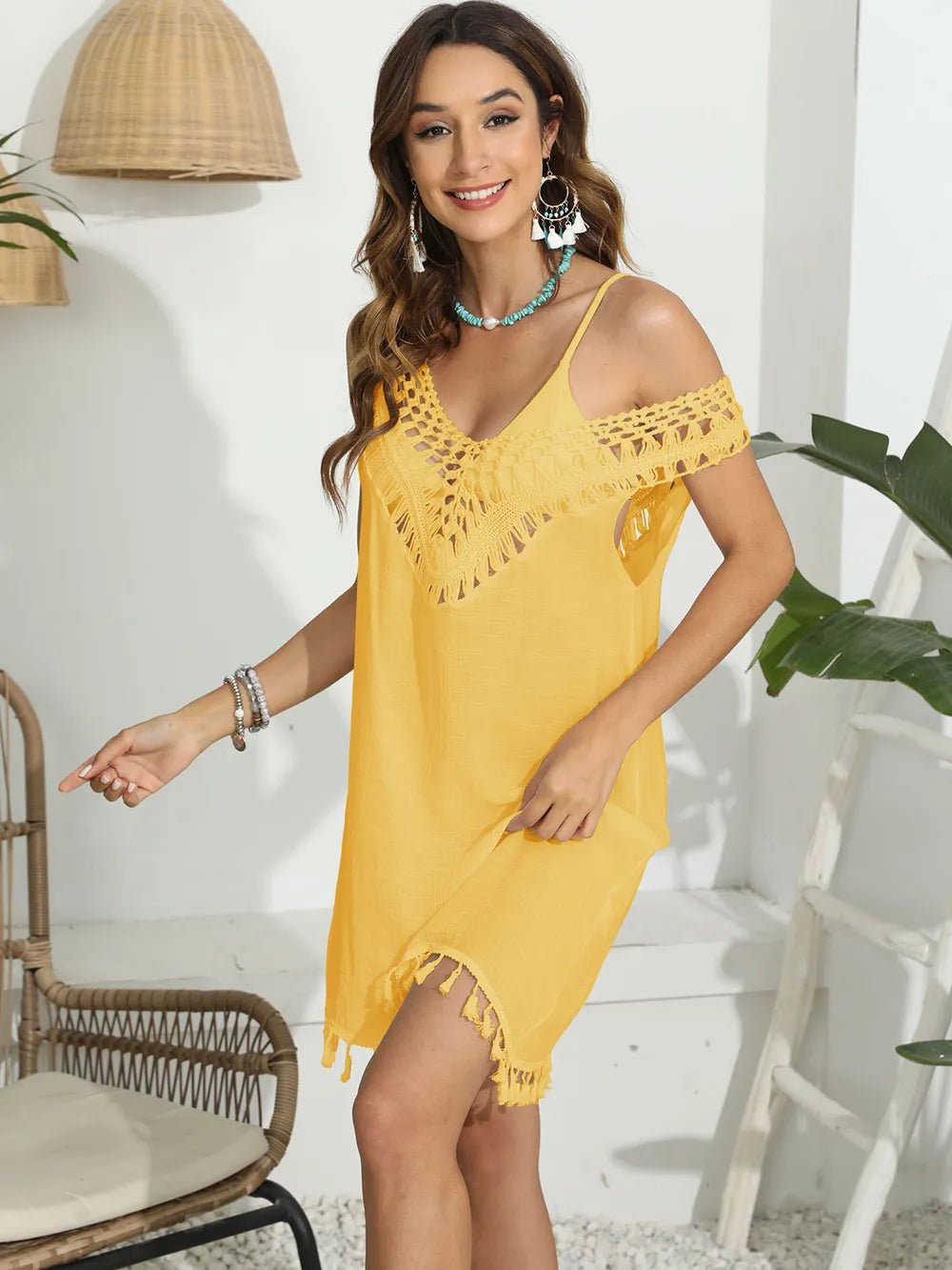 Tassel Scoop Neck Wide Strap Cover - Up - MAD RUFFI