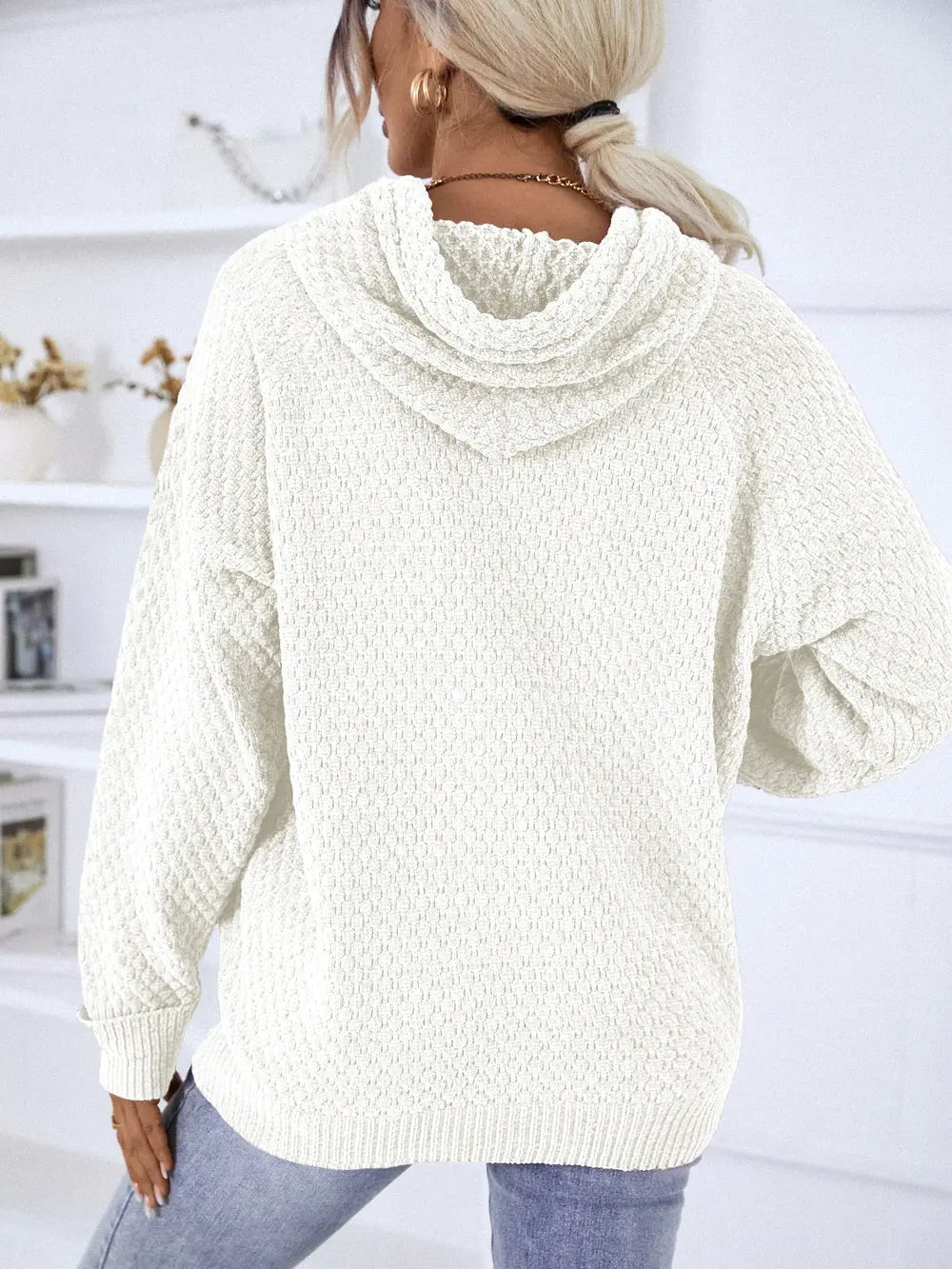 Texture Drawstring Long Sleeve Hooded Sweater - MAD RUFFI