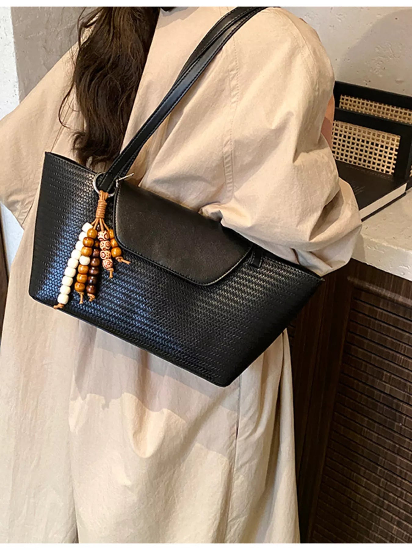 Texture Tote Bag with Beaded Charm - MAD RUFFI