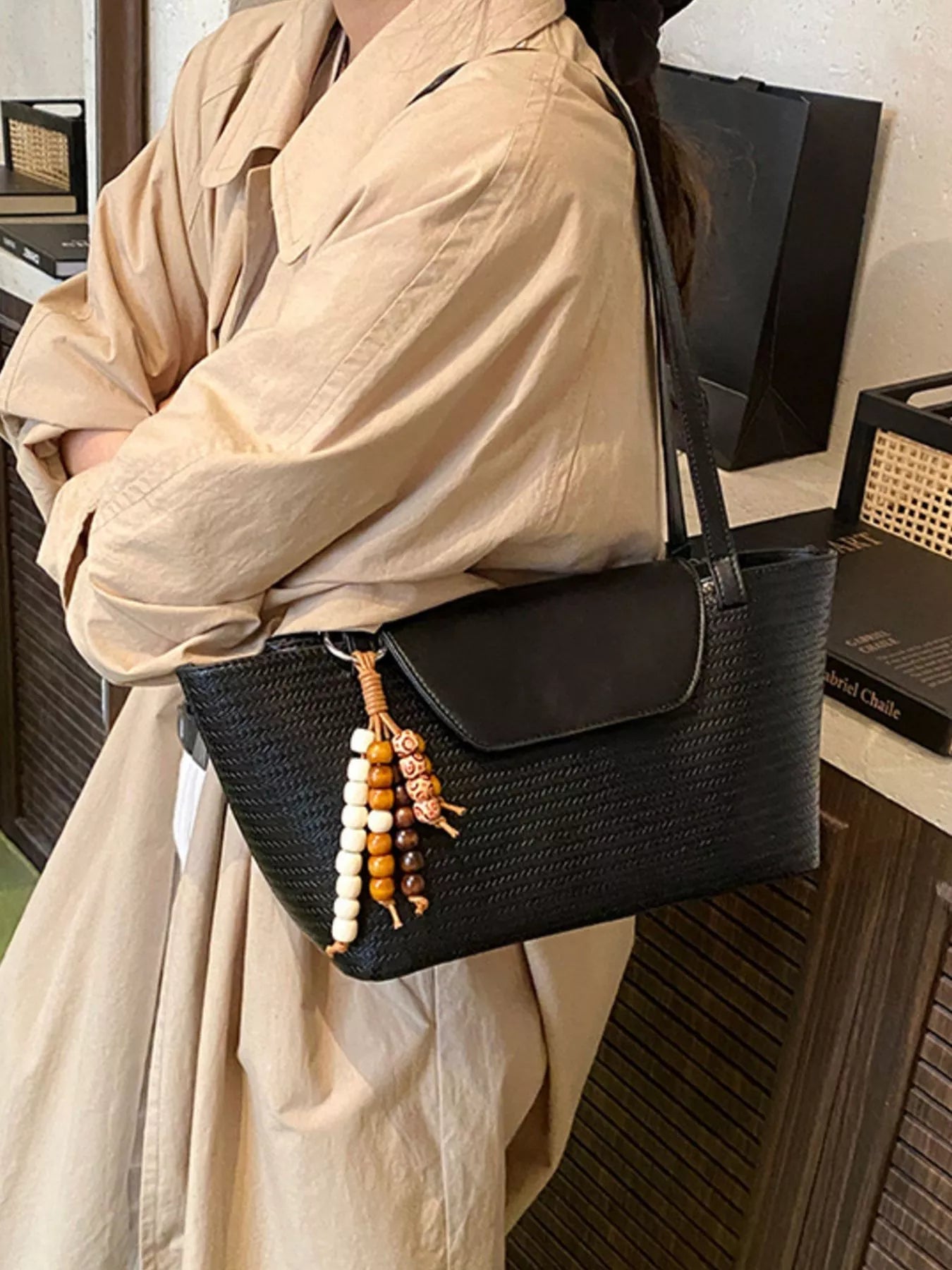 Texture Tote Bag with Beaded Charm - MAD RUFFI