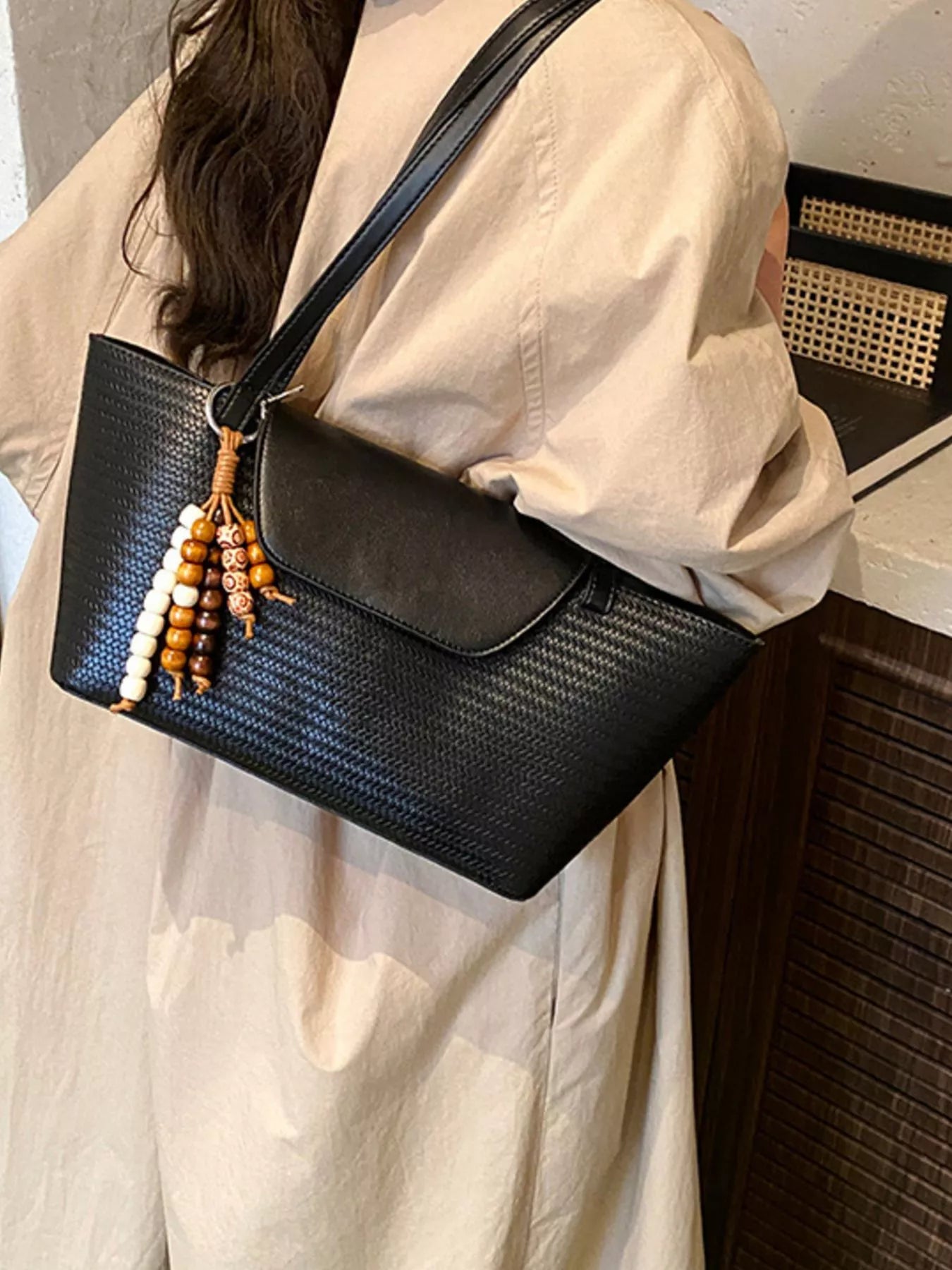 Texture Tote Bag with Beaded Charm - MAD RUFFI