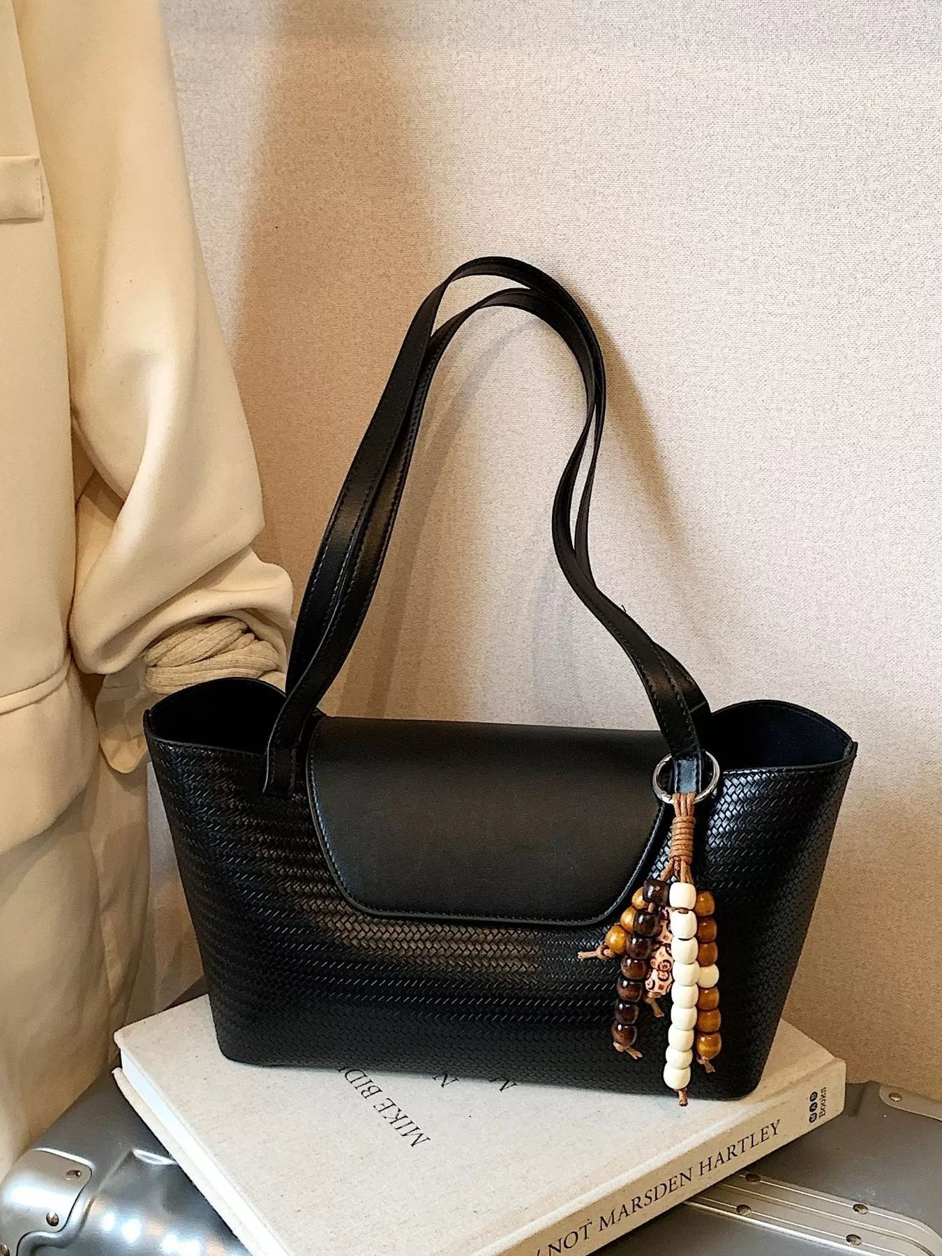 Texture Tote Bag with Beaded Charm - MAD RUFFI