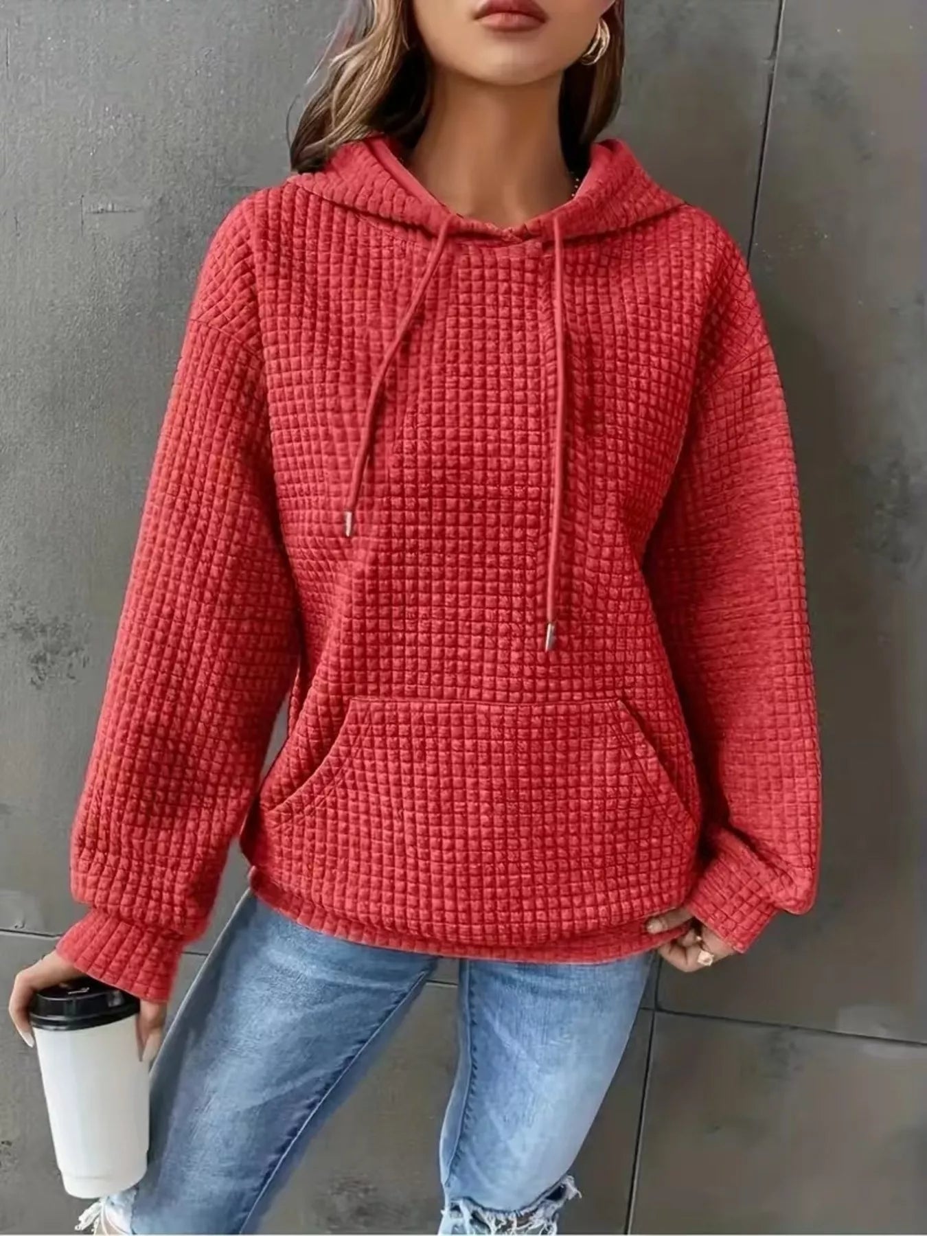 Textured Knit Drawstring Hoodie - MAD RUFFI