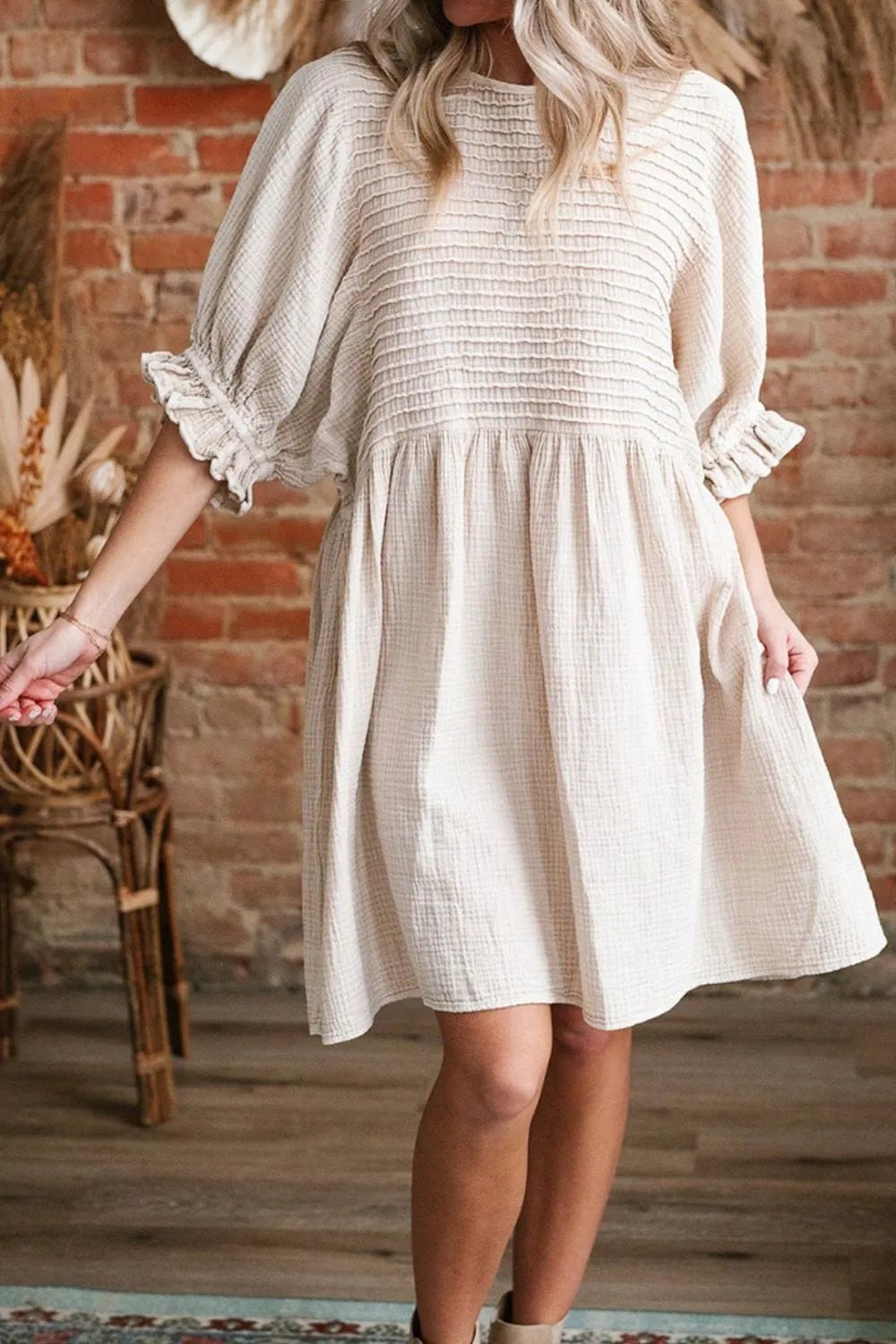 Pattern For Ruffle Loose Dress Textured Ruffled Puff Sleeve Loose Dress - MAD RUFFI