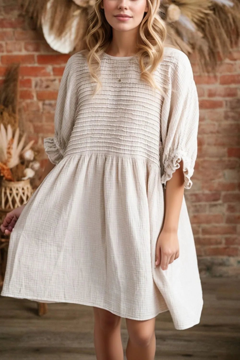 Textured Ruffled Puff Sleeve Loose Dress - MAD RUFFI