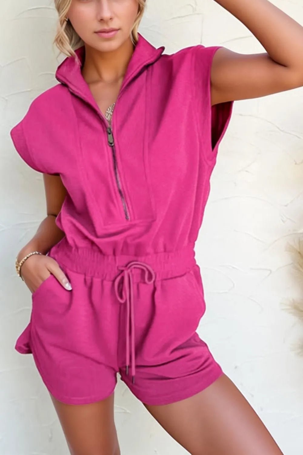 Textured Short Sleeve Half Zip Drawstring Waist Romper - MAD RUFFI