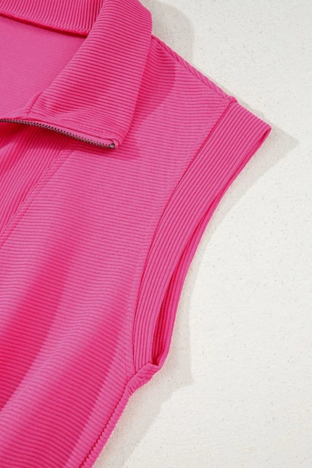 Textured Short Sleeve Half Zip Drawstring Waist Romper - MAD RUFFI