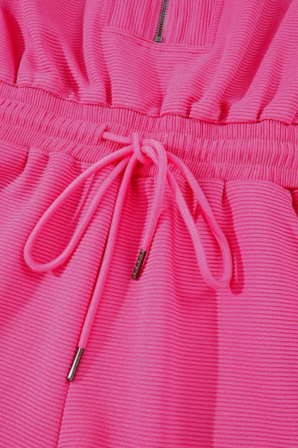 Textured Short Sleeve Half Zip Drawstring Waist Romper - MAD RUFFI