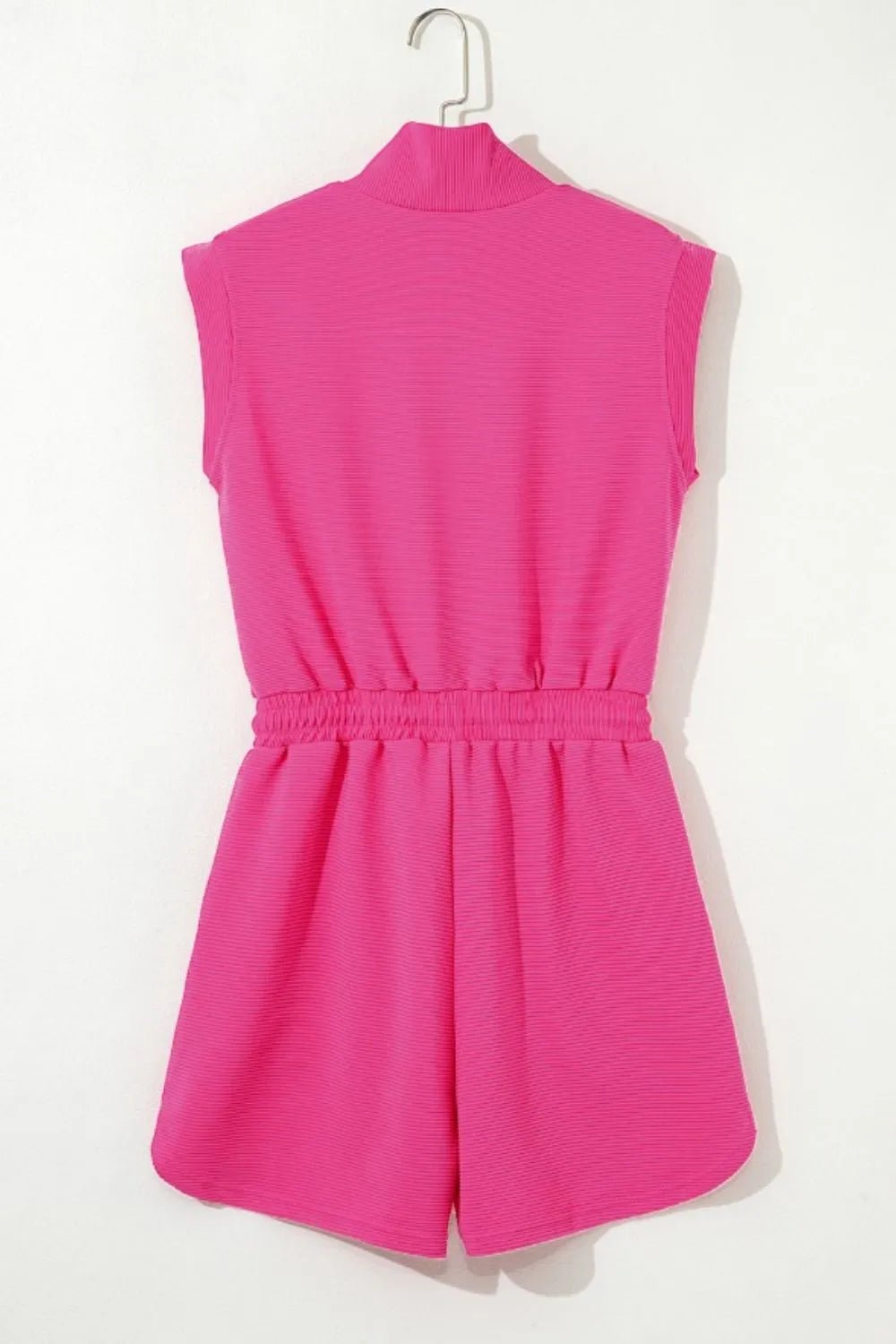 Textured Short Sleeve Half Zip Drawstring Waist Romper - MAD RUFFI