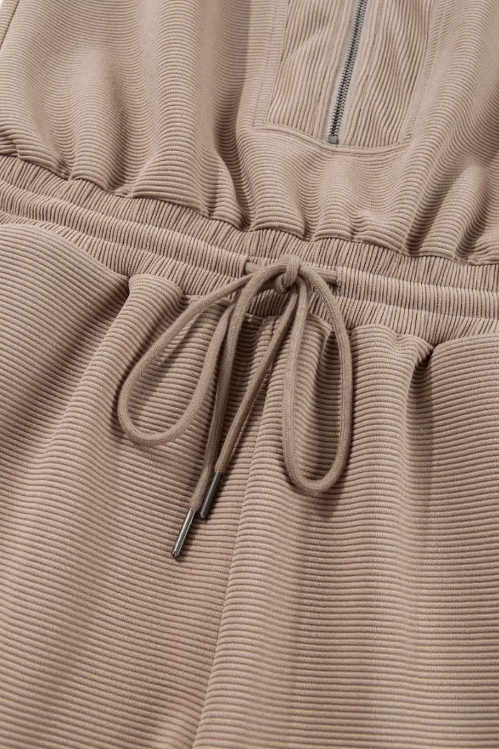 Textured Short Sleeve Half Zip Drawstring Waist Romper - MAD RUFFI