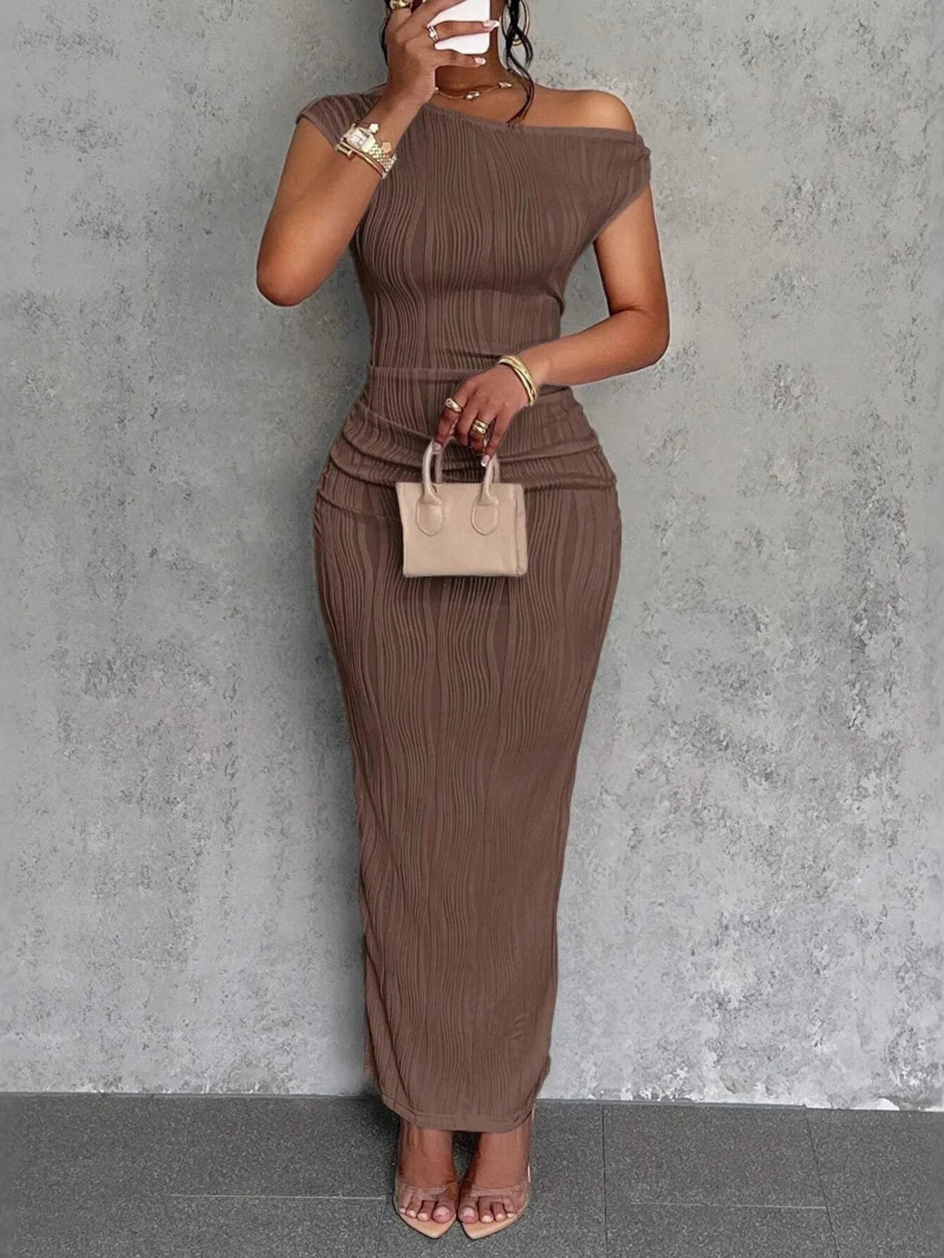Textured Single Shoulder Bodycon Maxi Dress - MAD RUFFI