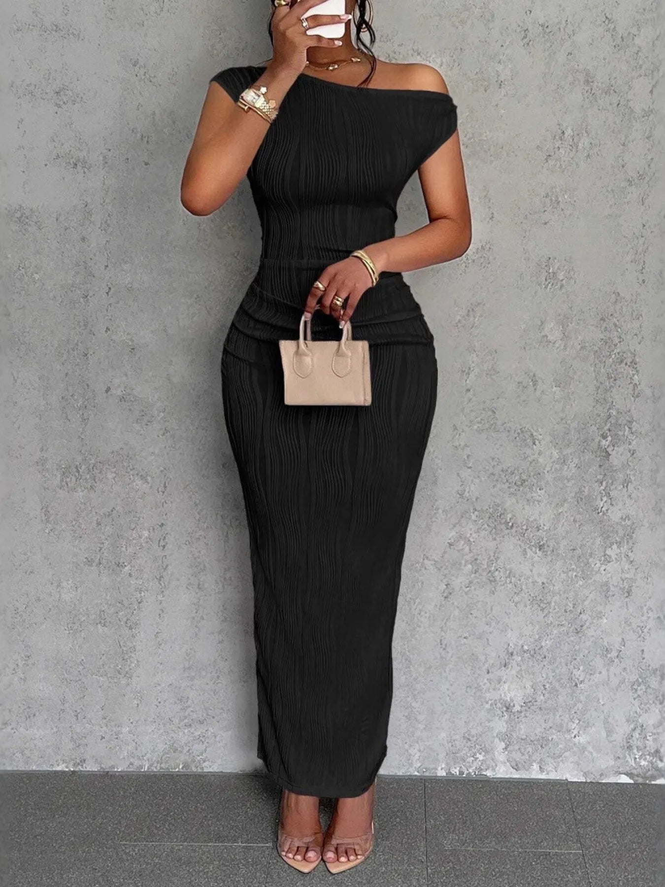 Textured Single Shoulder Bodycon Maxi Dress - MAD RUFFI