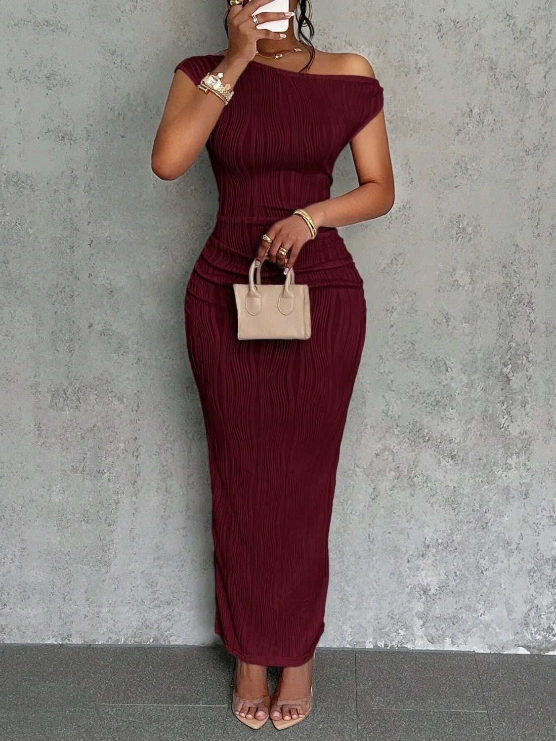 Textured Single Shoulder Maxi Dress - MAD RUFFI