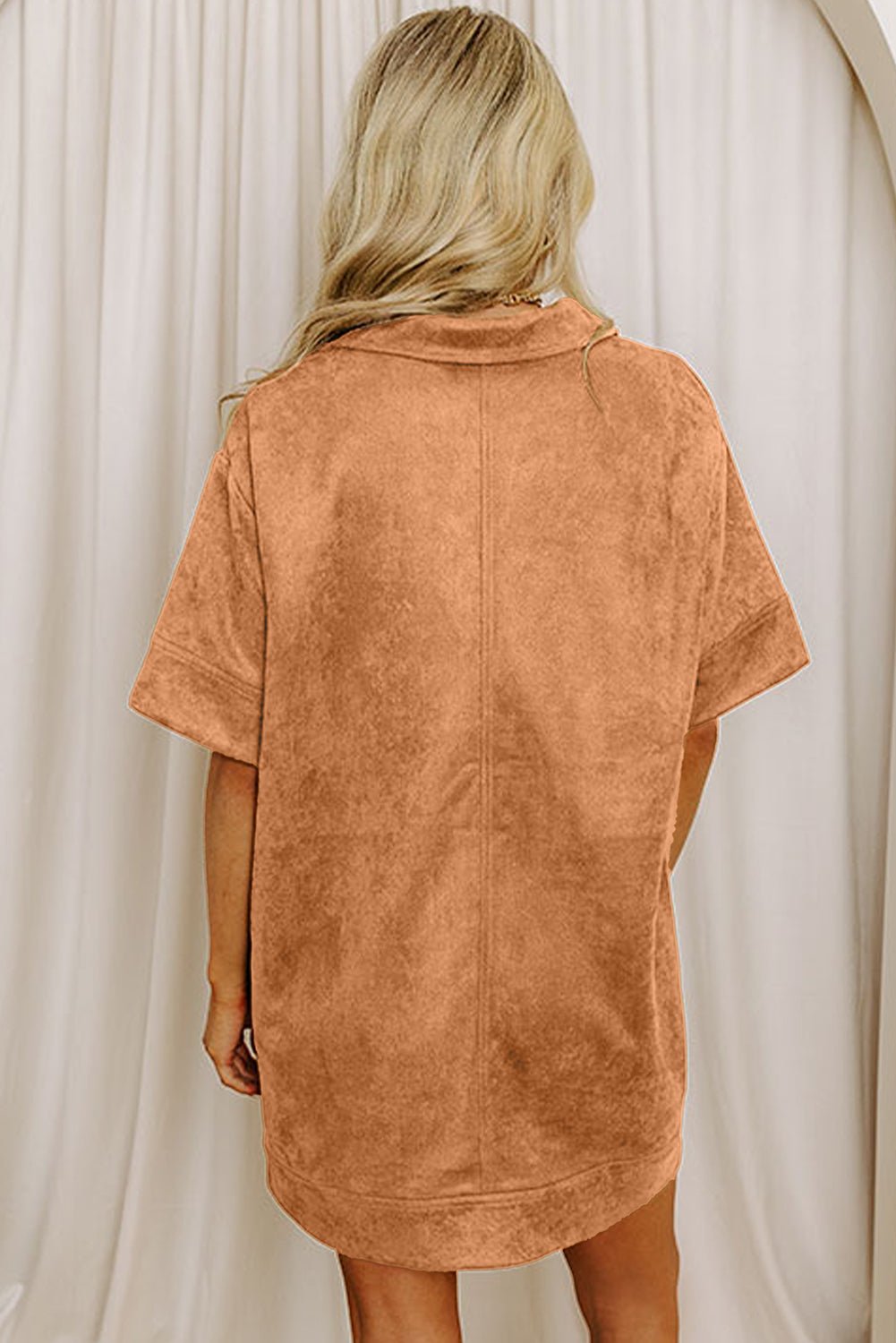 Thai Curry Collared V Neck Faux Suede Short Sleeve Shift Mini Dress - MAD RUFFI