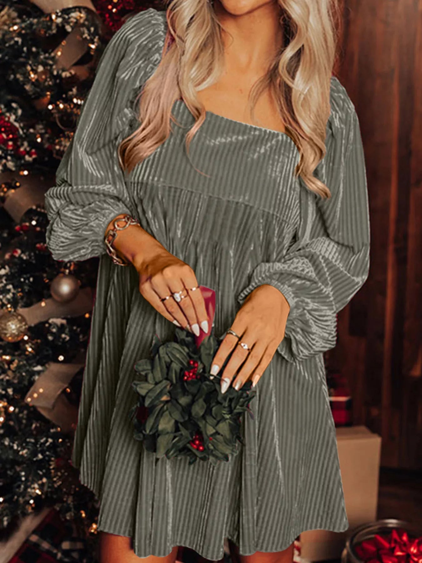 Tie Back Square Neck Velvet Babydoll Dress - MAD RUFFI