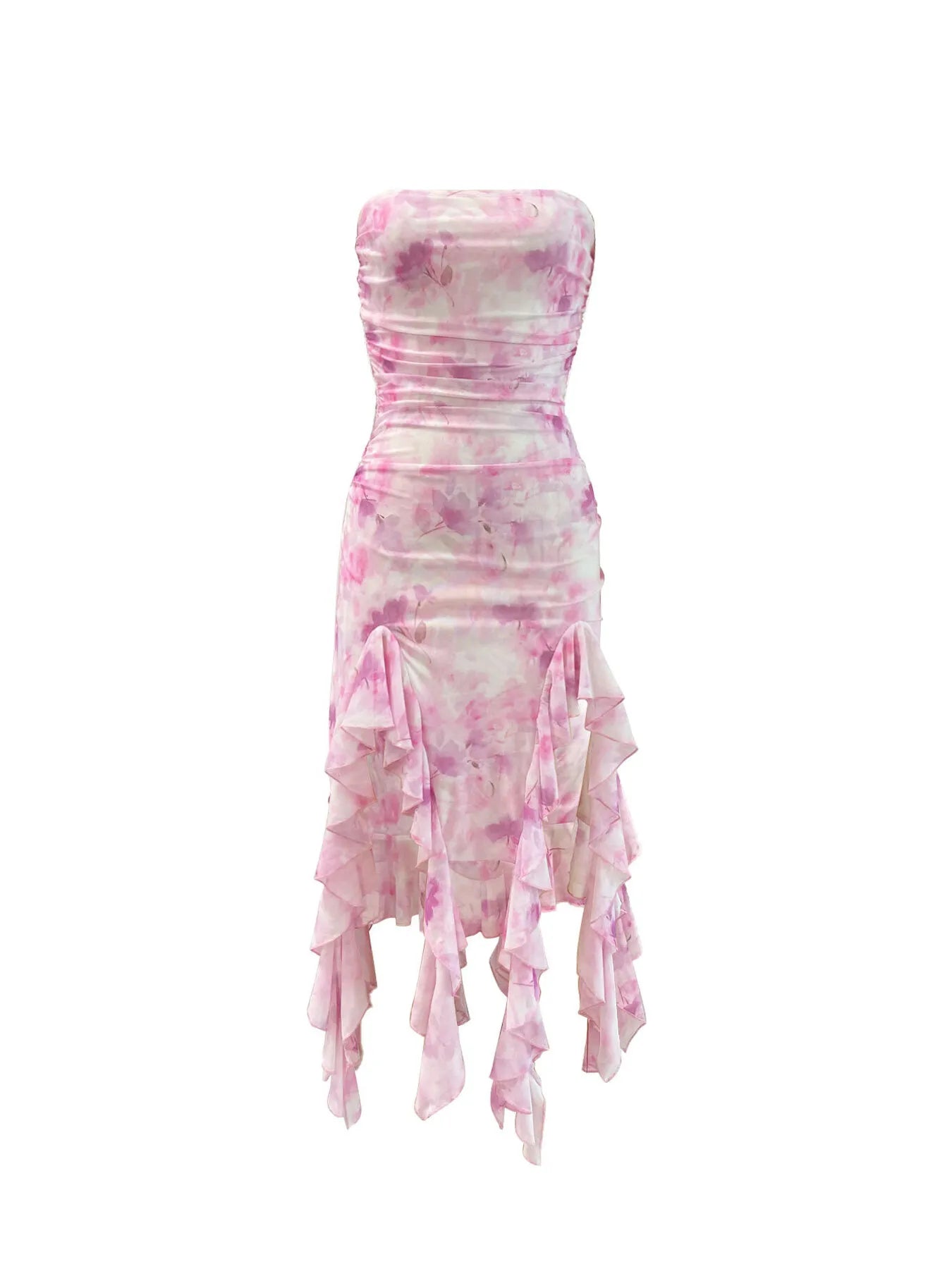 Tie - Dye Strapless Ruffle Hem Dress - MAD RUFFI
