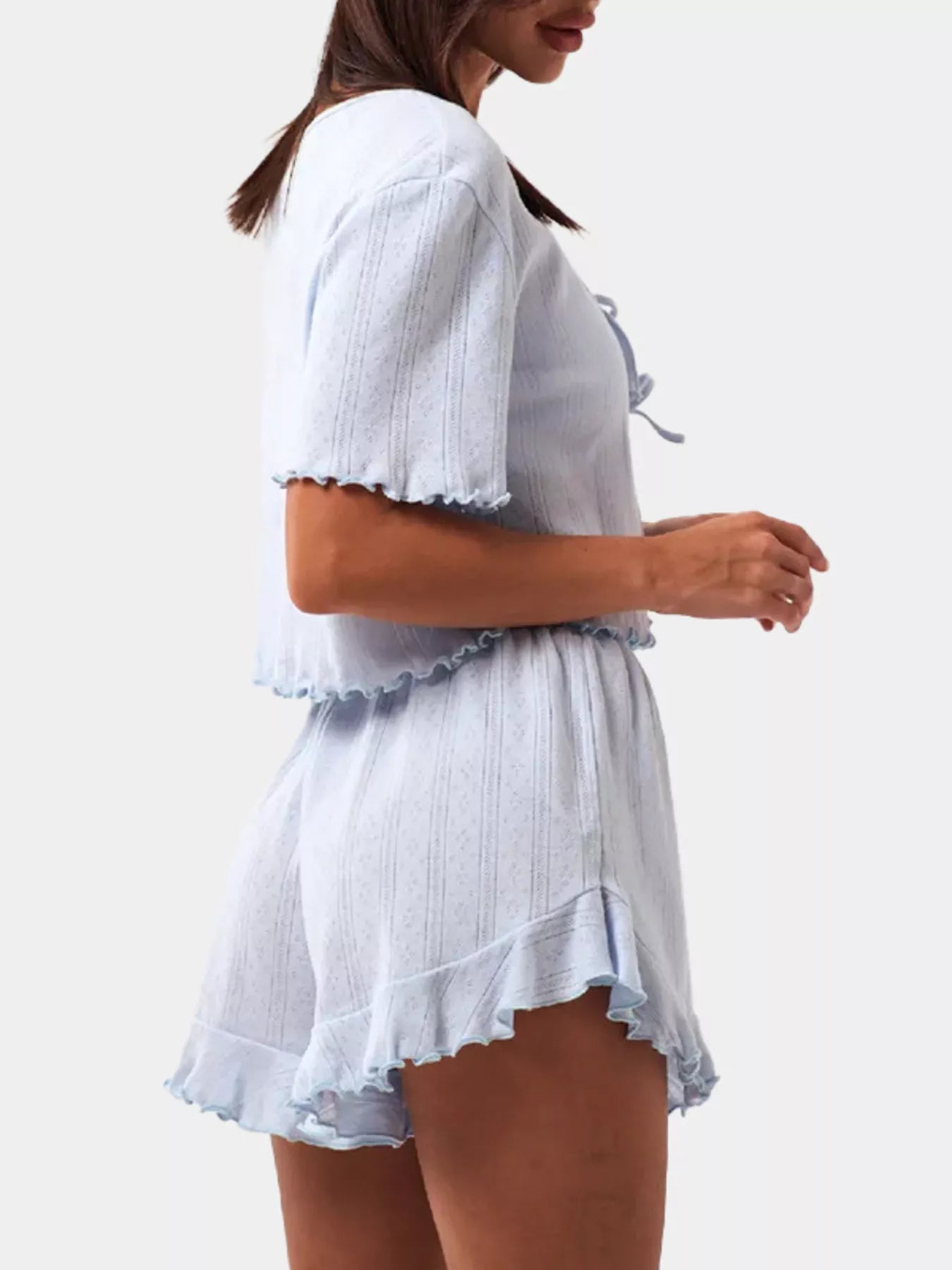 Tie Front Top and Ruffled Hem Shorts Set - MAD RUFFI