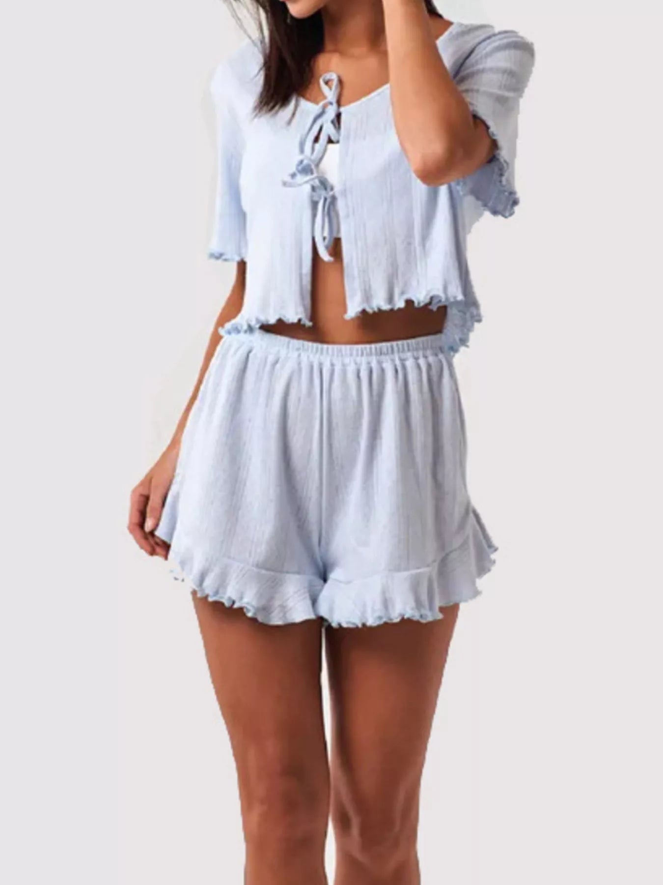 Tie Front Top and Ruffled Hem Shorts Set - MAD RUFFI