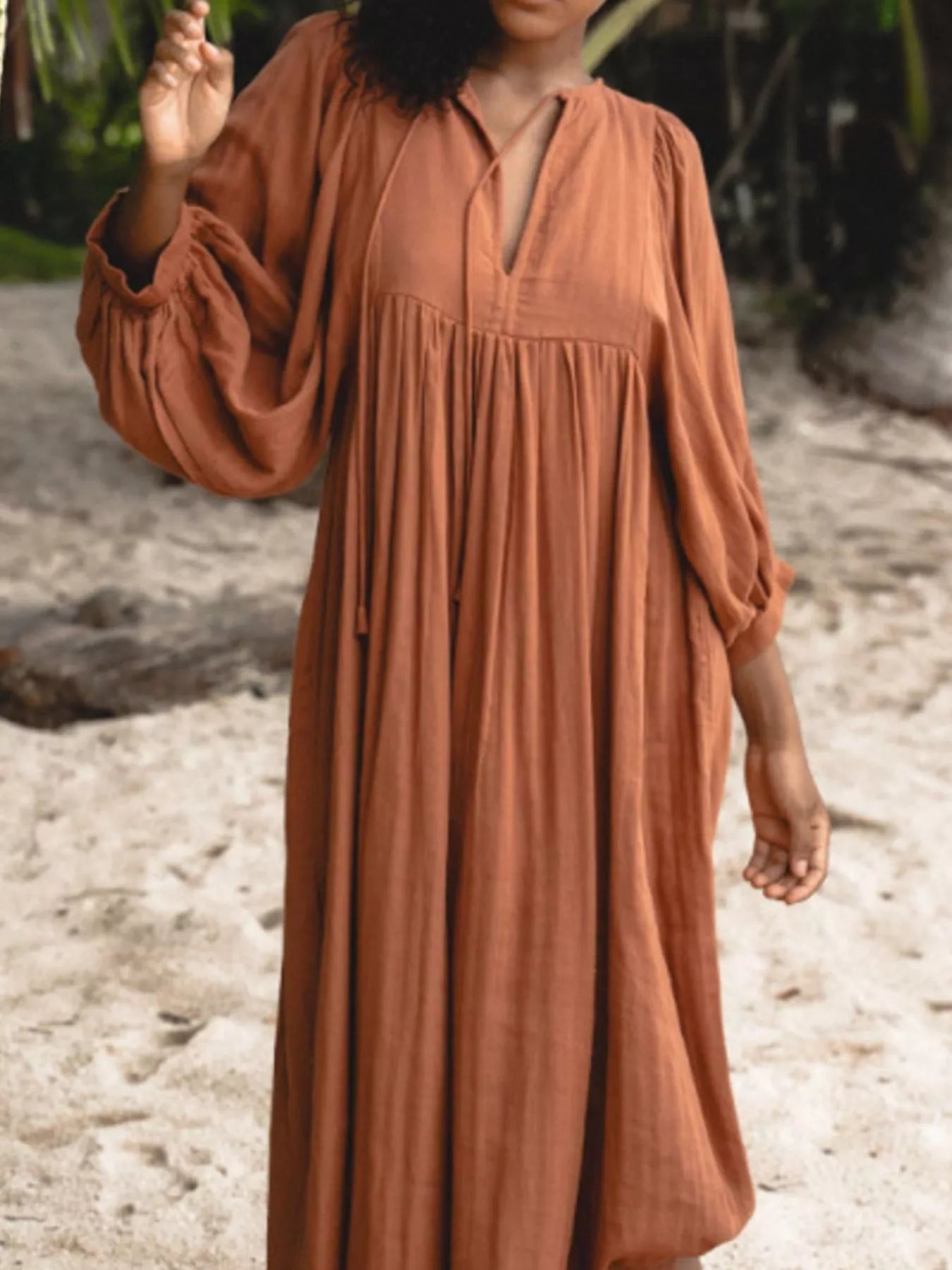 Tie Neck 3/4 Sleeve Midi Dress - MAD RUFFI