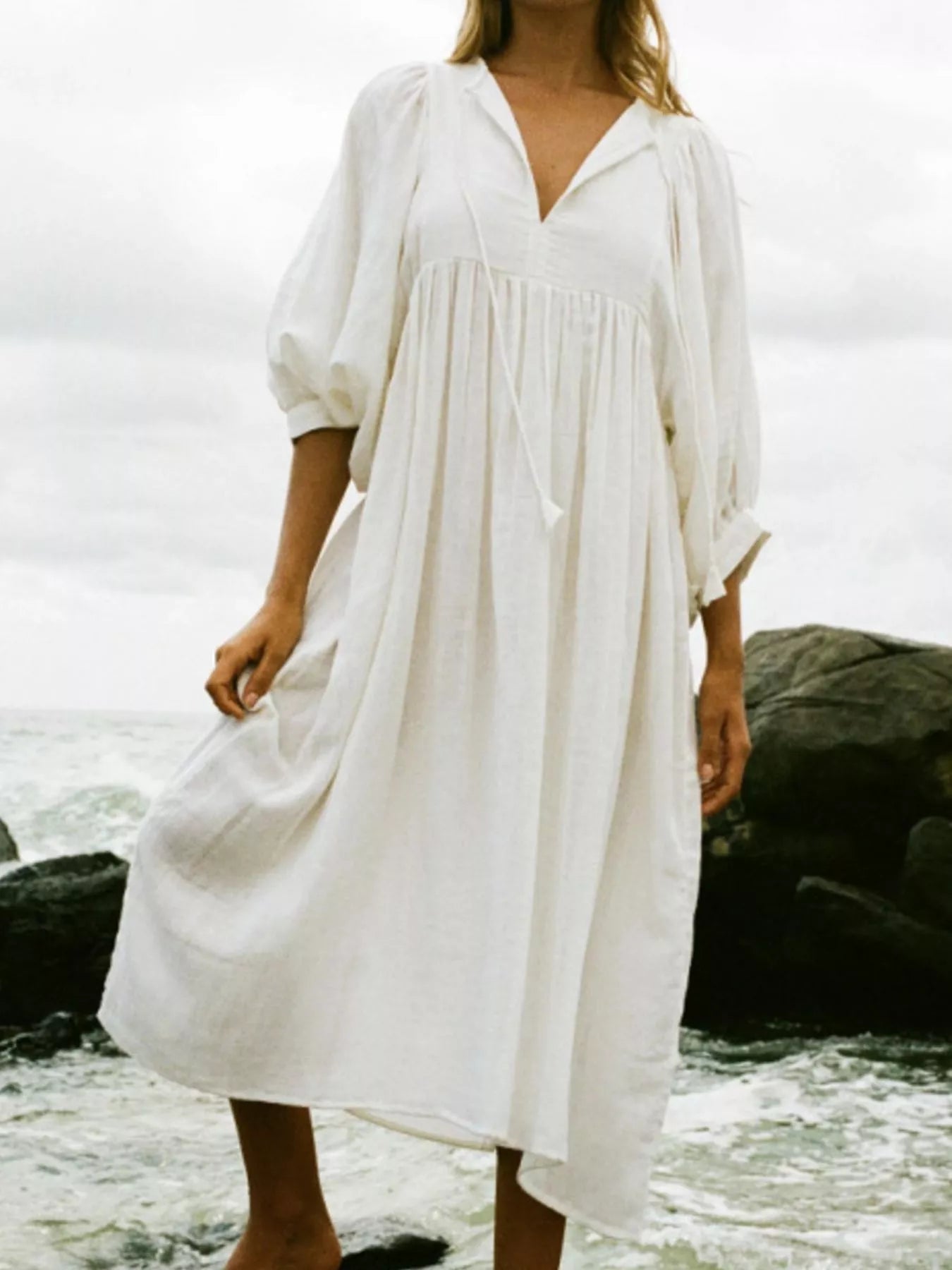 Tie Neck 3/4 Sleeve Midi Dress - MAD RUFFI