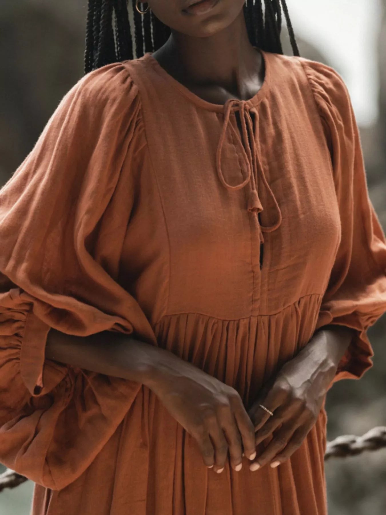 Tie Neck 3/4 Sleeve Midi Dress - MAD RUFFI