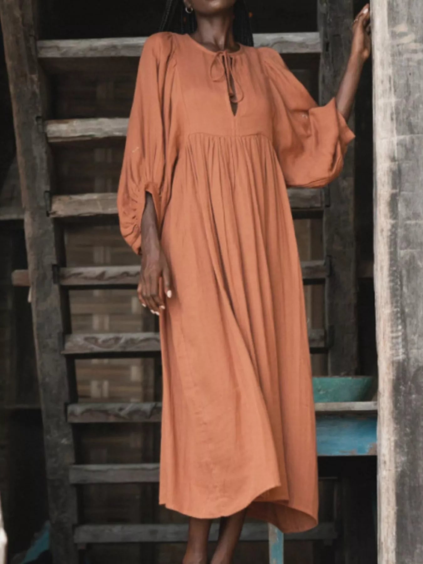 Tie Neck 3/4 Sleeve Midi Dress - MAD RUFFI