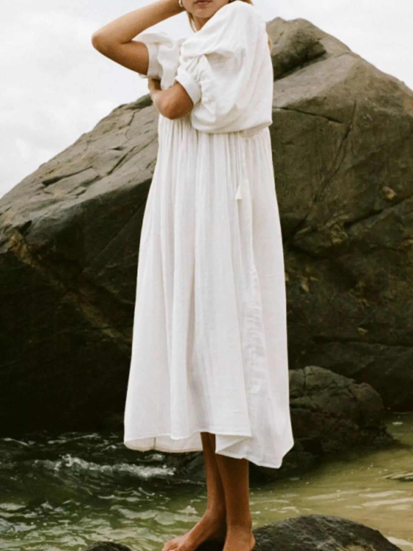 Tie Neck 3/4 Sleeve Midi Dress - MAD RUFFI