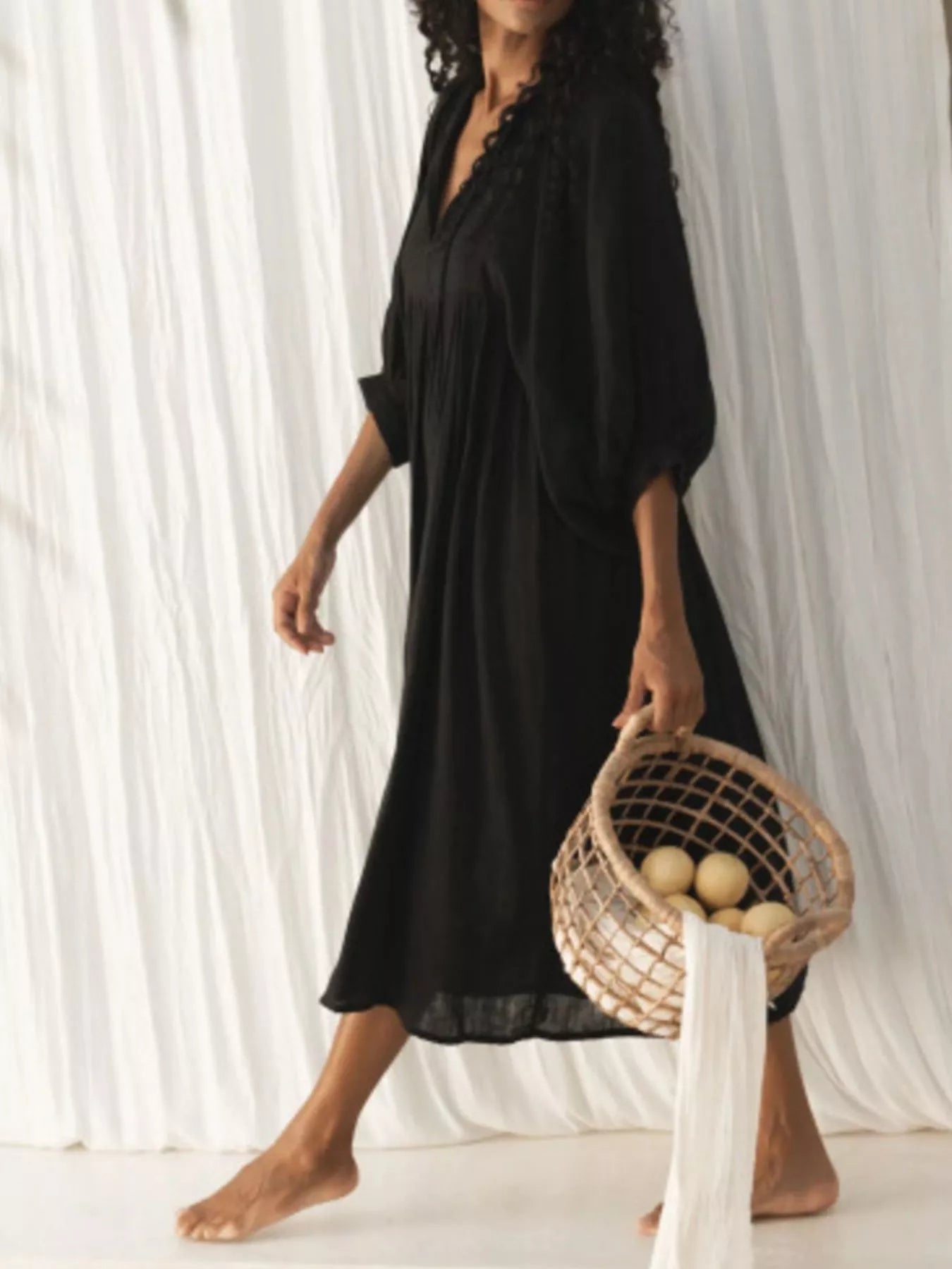 Tie Neck 3/4 Sleeve Midi Dress - MAD RUFFI