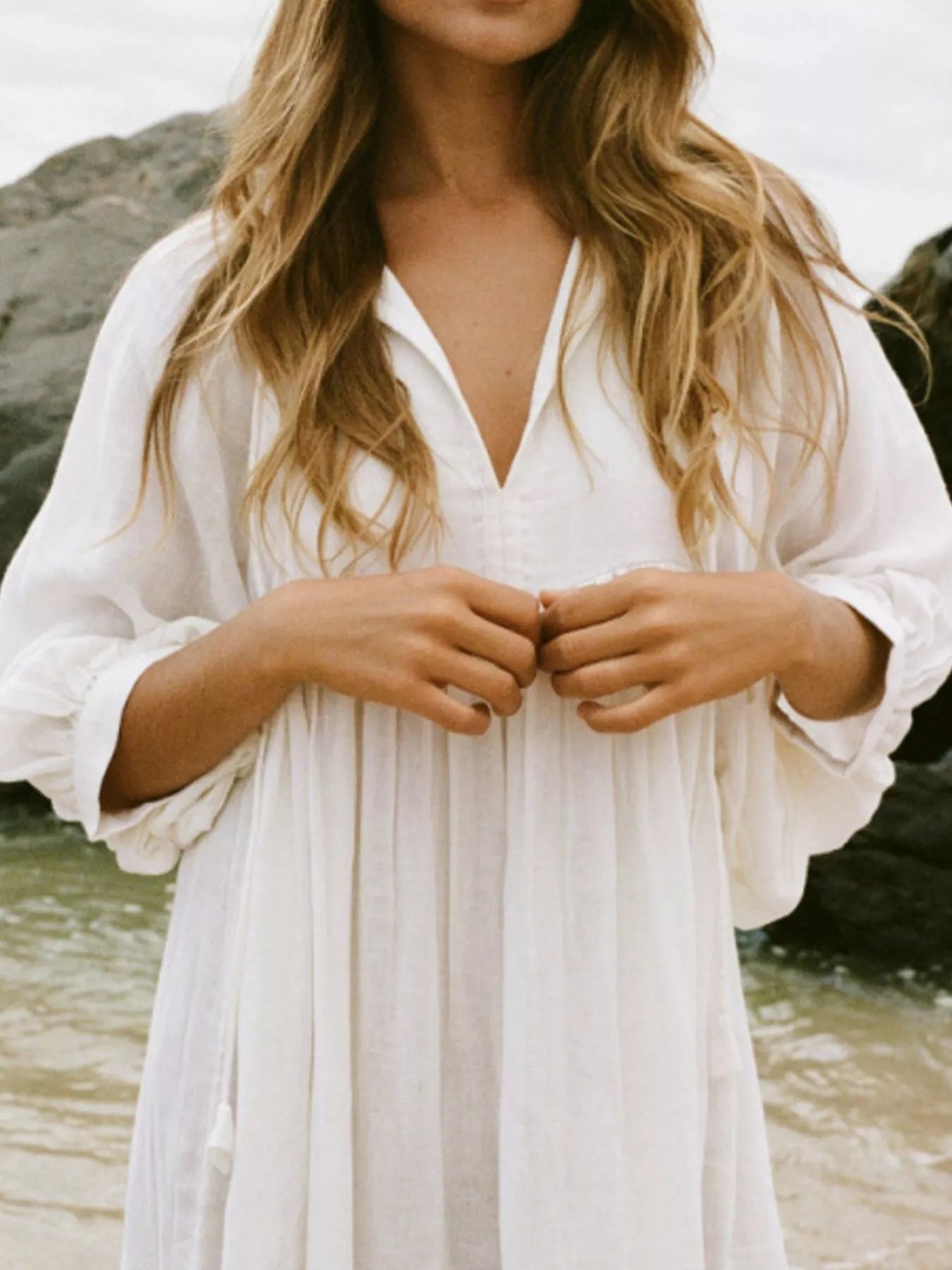 Tie Neck 3/4 Sleeve Midi Dress - MAD RUFFI