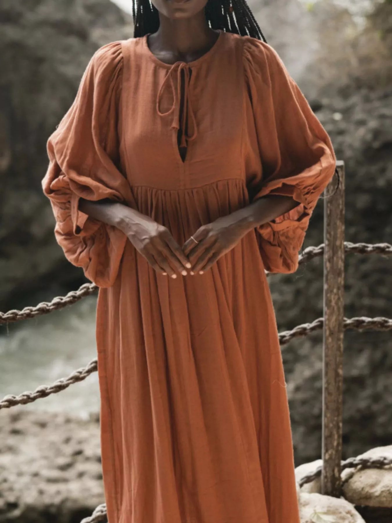 Tie Neck 3/4 Sleeve Midi Dress - MAD RUFFI