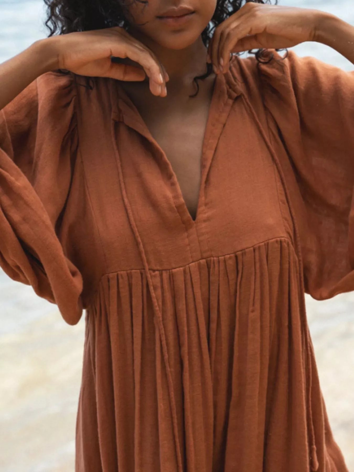 Tie Neck 3/4 Sleeve Midi Dress - MAD RUFFI