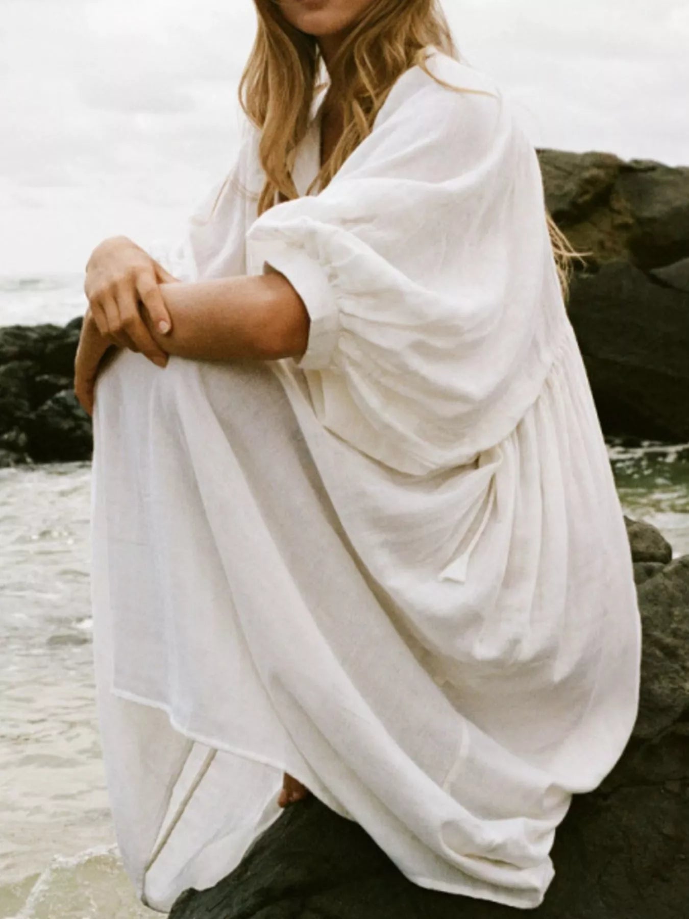 Tie Neck 3/4 Sleeve Midi Dress - MAD RUFFI