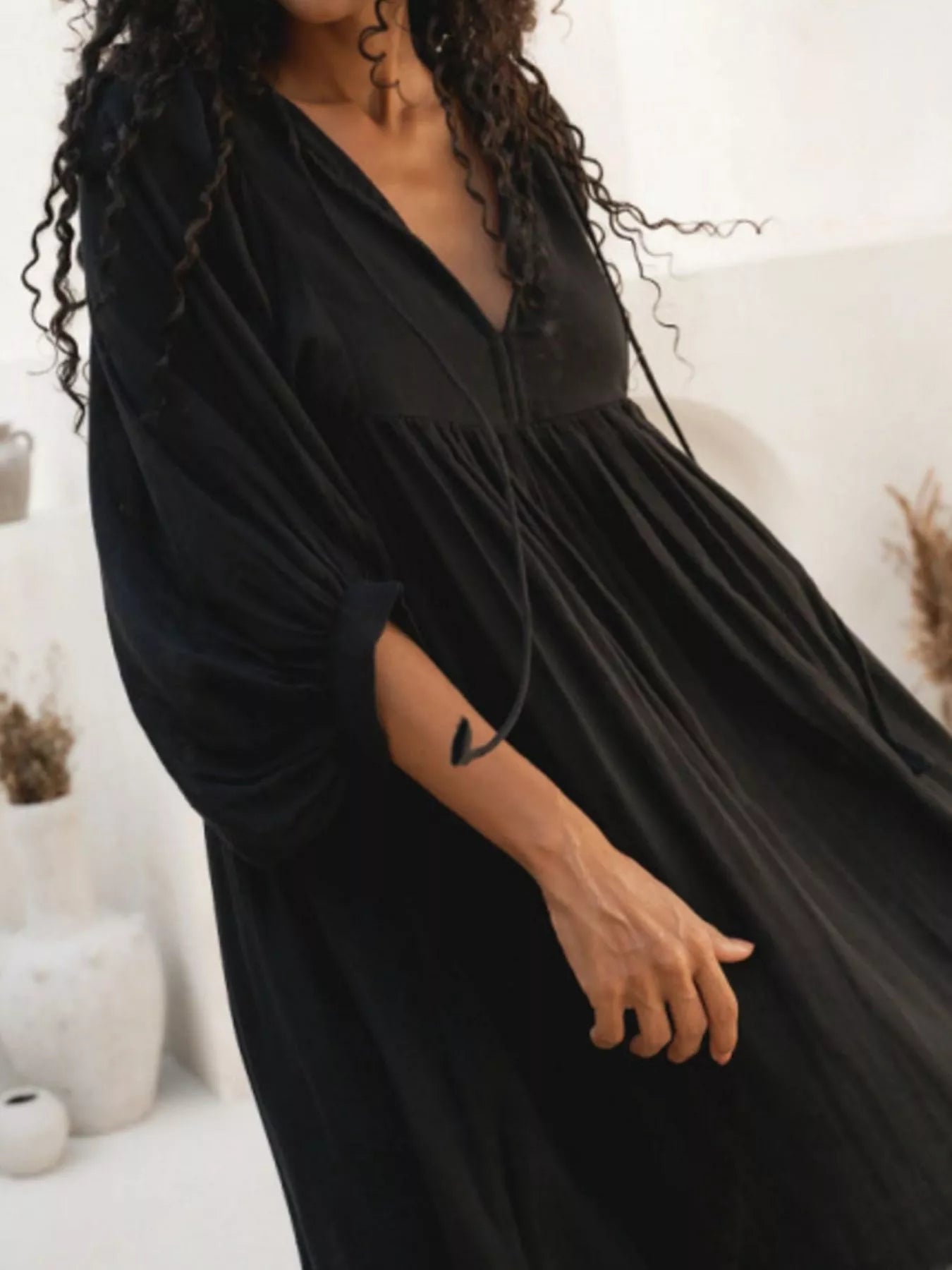 Tie Neck 3/4 Sleeve Midi Dress - MAD RUFFI