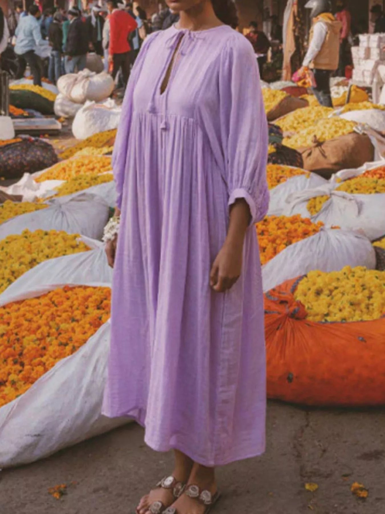 Tie Neck 3/4 Sleeve Midi Dress - MAD RUFFI