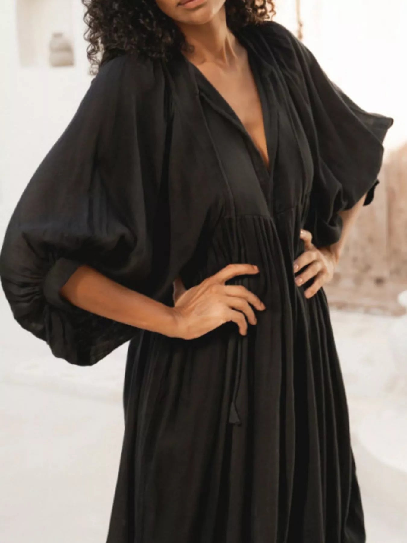 Tie Neck 3/4 Sleeve Midi Dress - MAD RUFFI