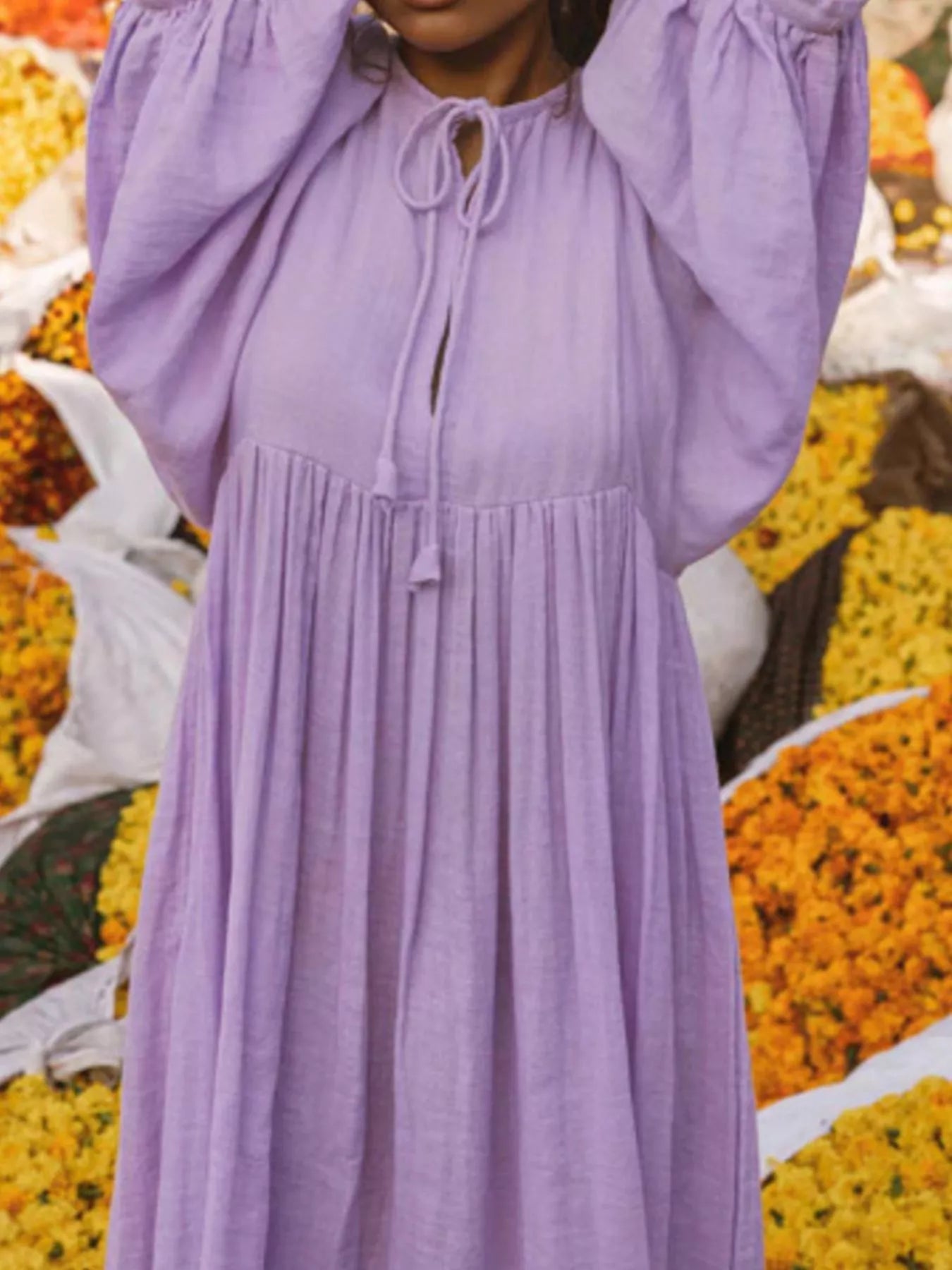 Tie Neck 3/4 Sleeve Midi Dress - MAD RUFFI