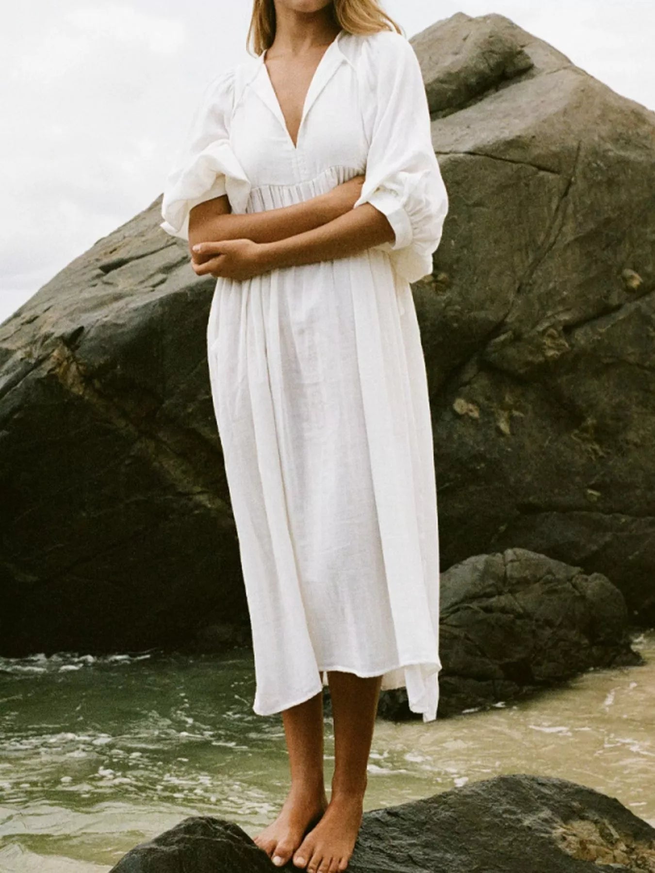 Tie Neck 3/4 Sleeve Midi Dress - MAD RUFFI