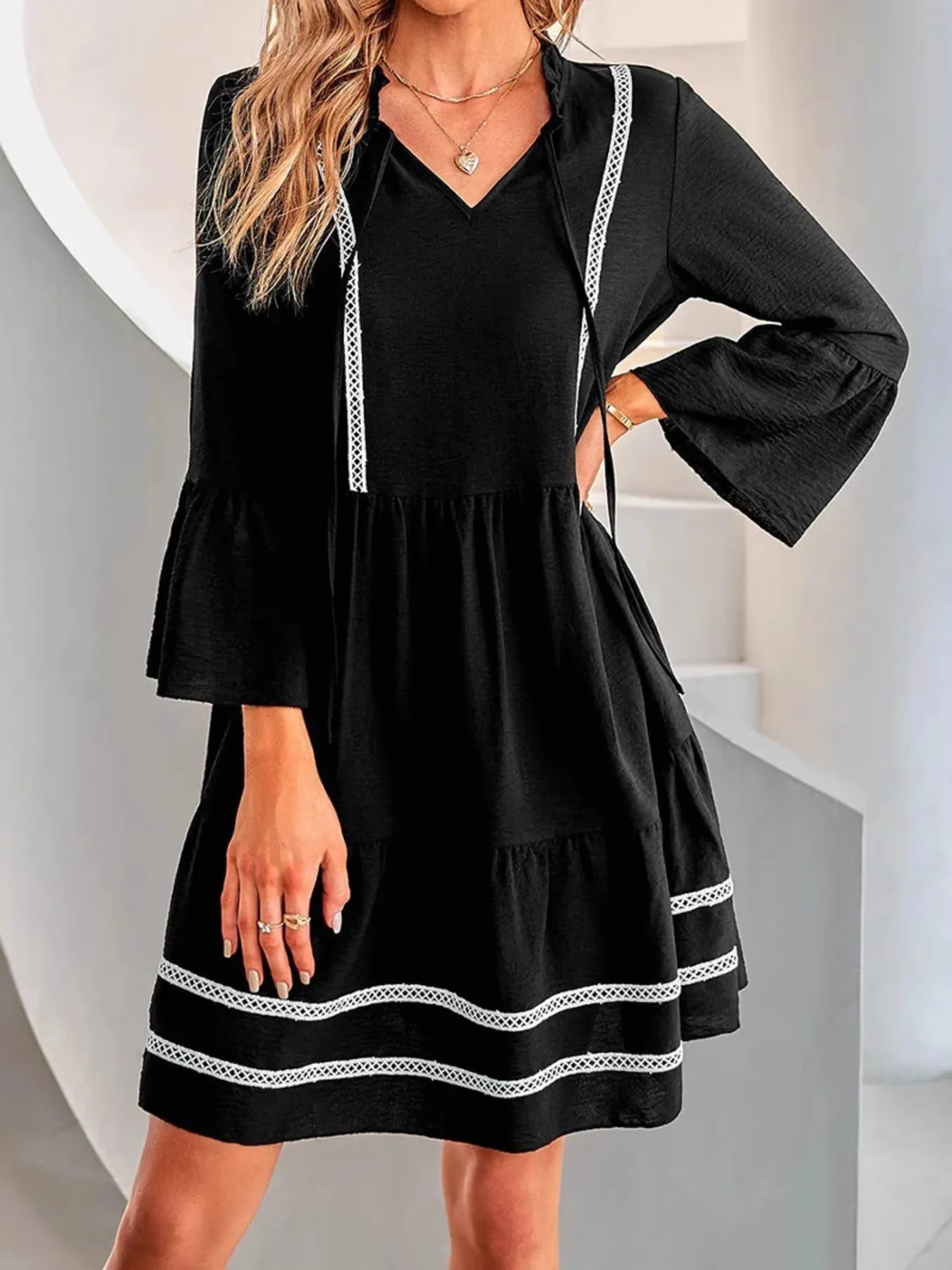Tie - Neck Long Sleeve Mini Dress with Trim Detail - MAD RUFFI