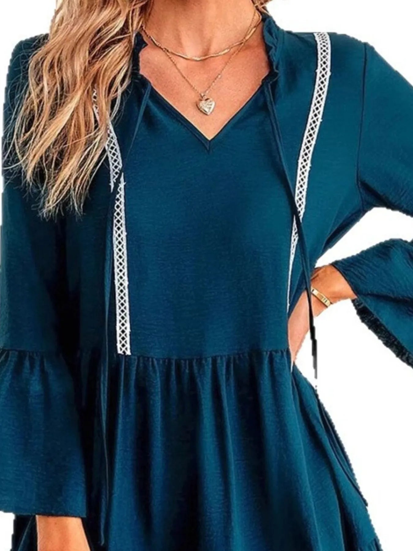 Tie - Neck Long Sleeve Mini Dress with Trim Detail - MAD RUFFI