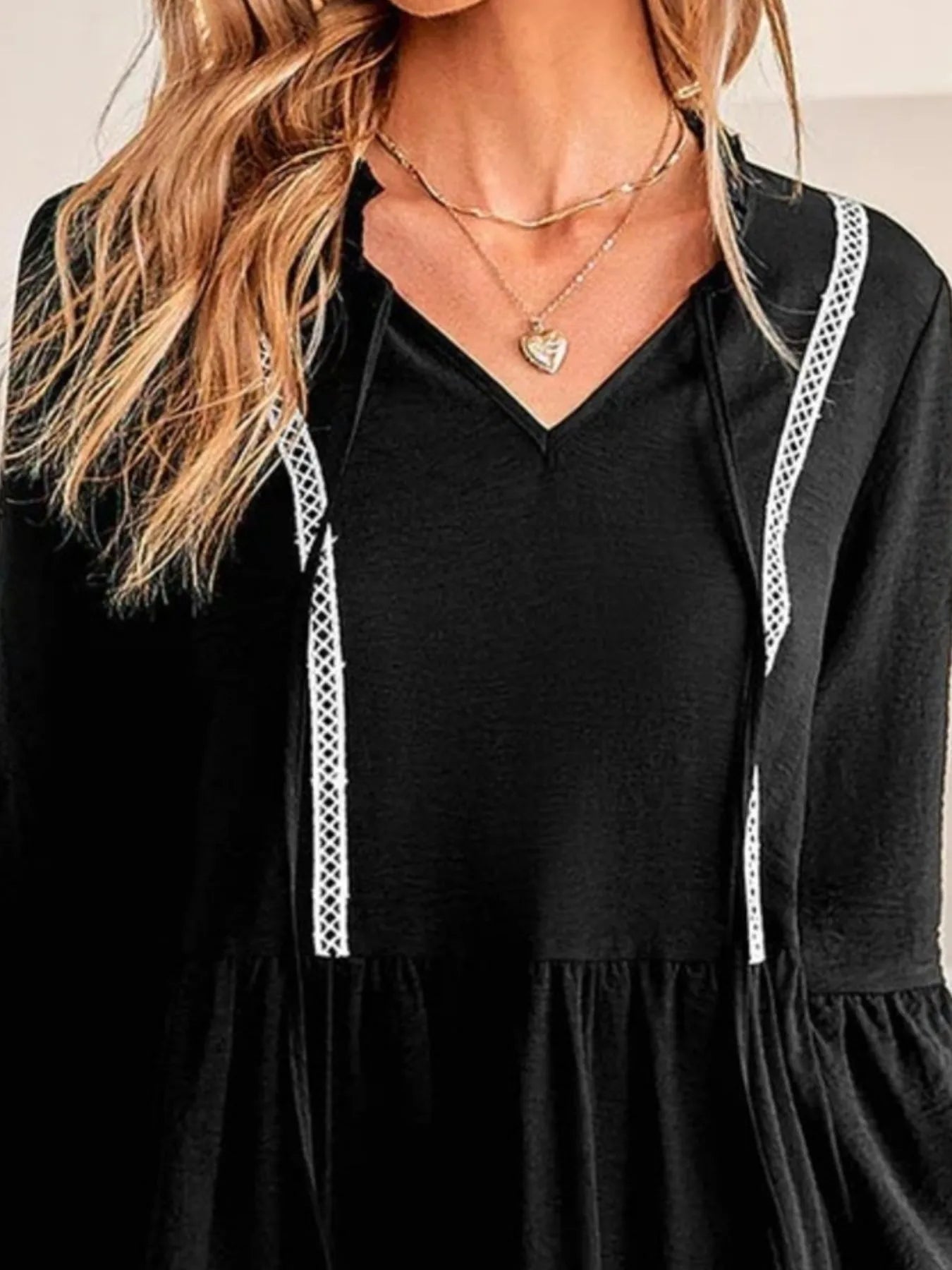 Tie - Neck Long Sleeve Mini Dress with Trim Detail - MAD RUFFI