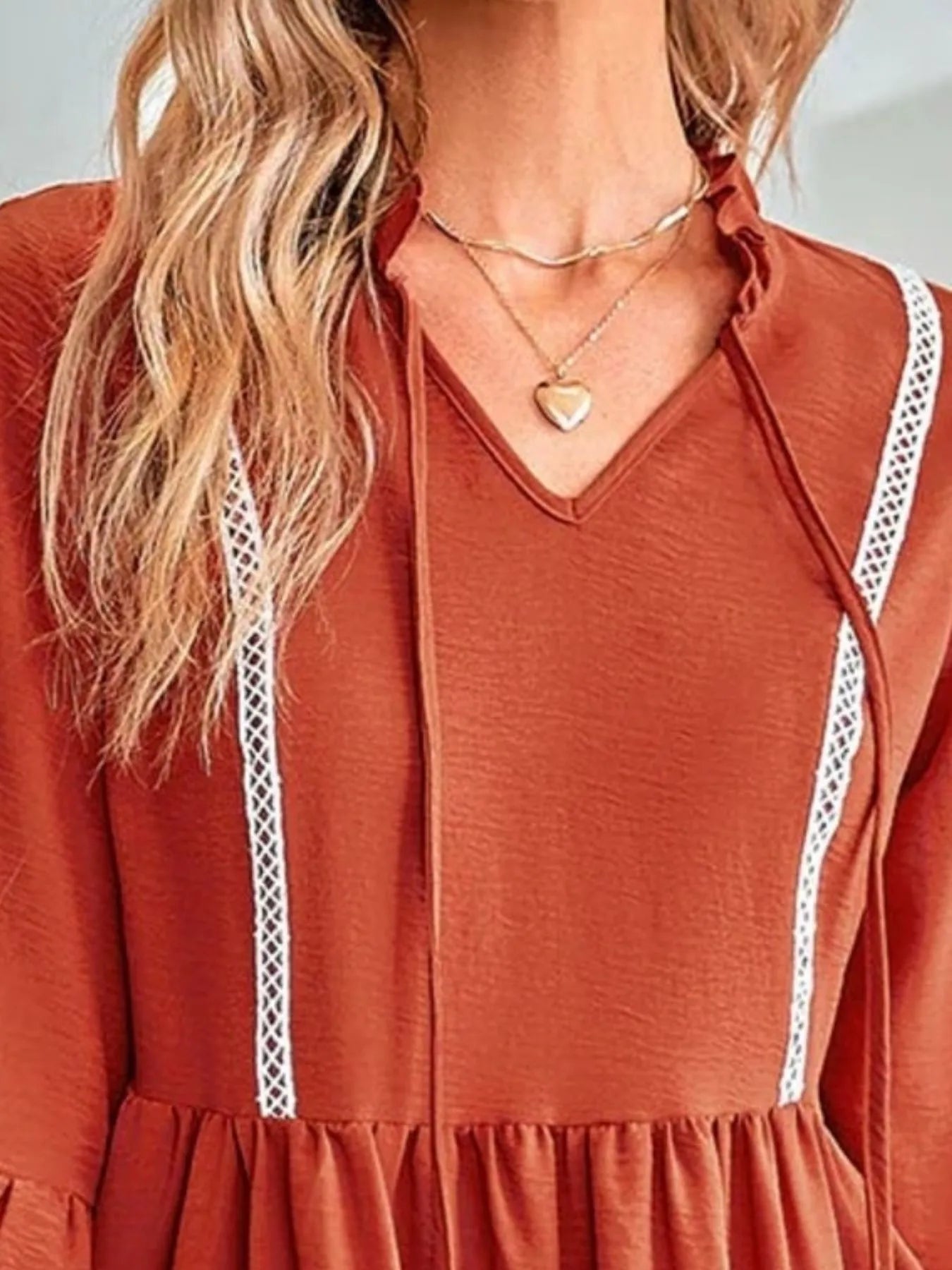 Tie - Neck Long Sleeve Mini Dress with Trim Detail - MAD RUFFI