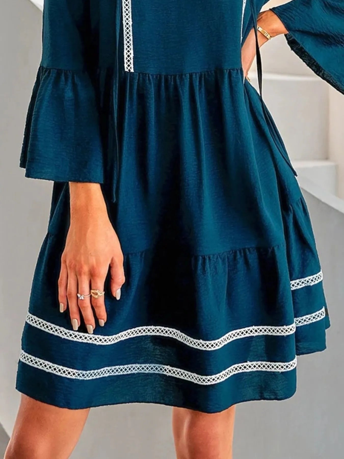 Tie - Neck Long Sleeve Mini Dress with Trim Detail - MAD RUFFI