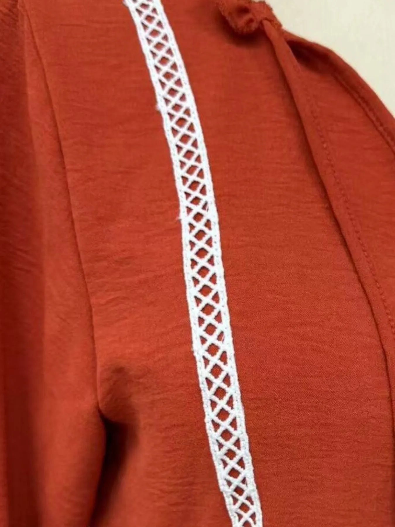 Tie - Neck Long Sleeve Mini Dress with Trim Detail - MAD RUFFI