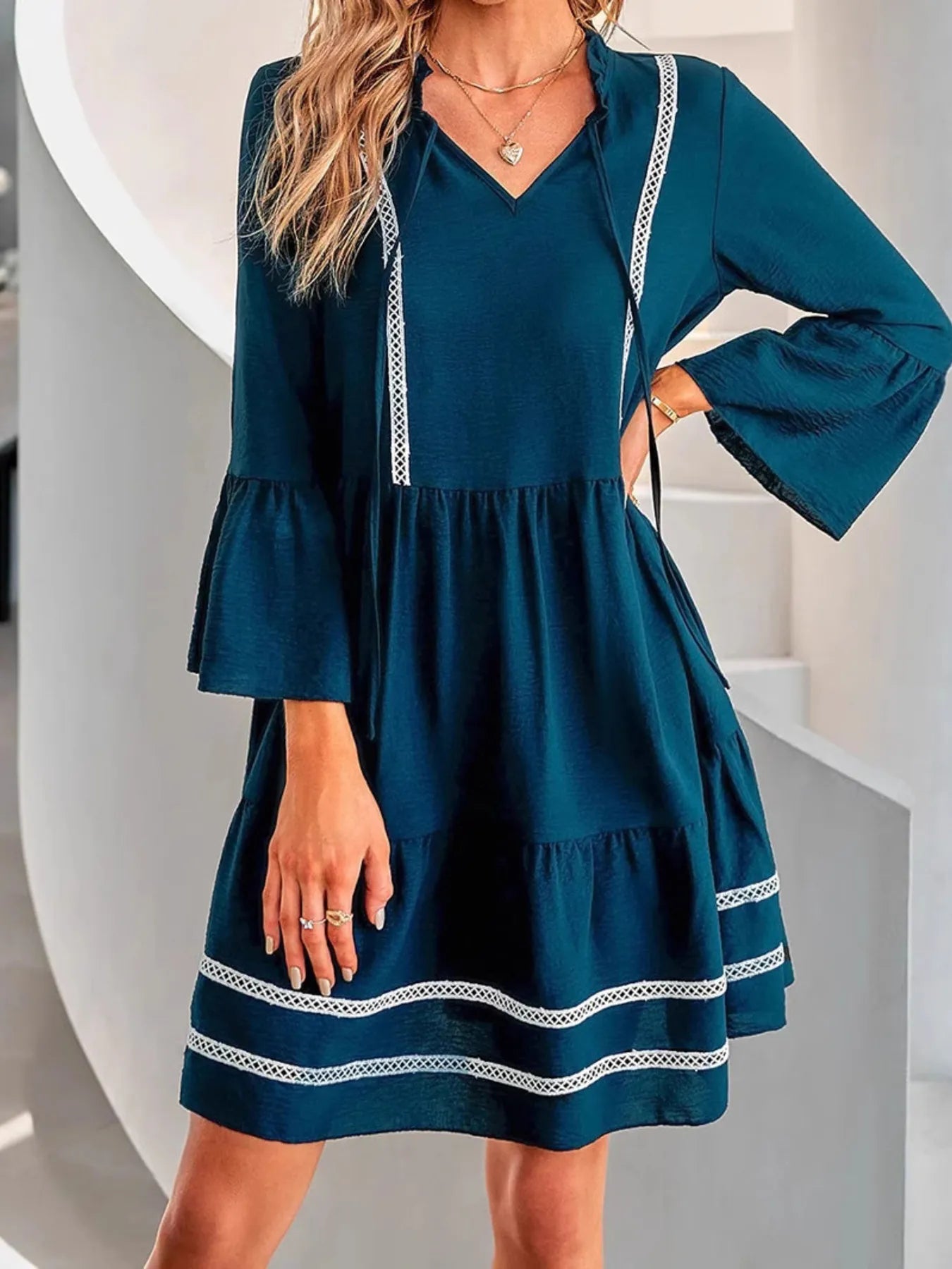 Tie - Neck Long Sleeve Mini Dress with Trim Detail - MAD RUFFI